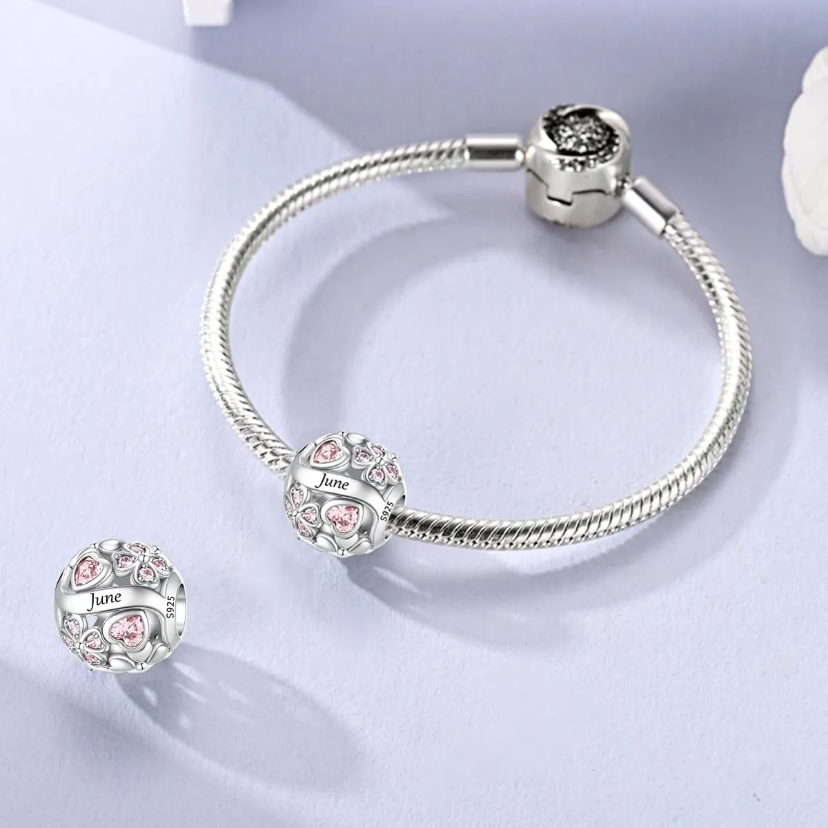 LNQOBU Birthstone Charms per Braccialetti, 925 Argento Sterling Perline di Fascino a Forma di Cuore con trifoglio Portafortuna, Ciondolo d'amore, Regalo di Compleanno per le Donne - immagine 4