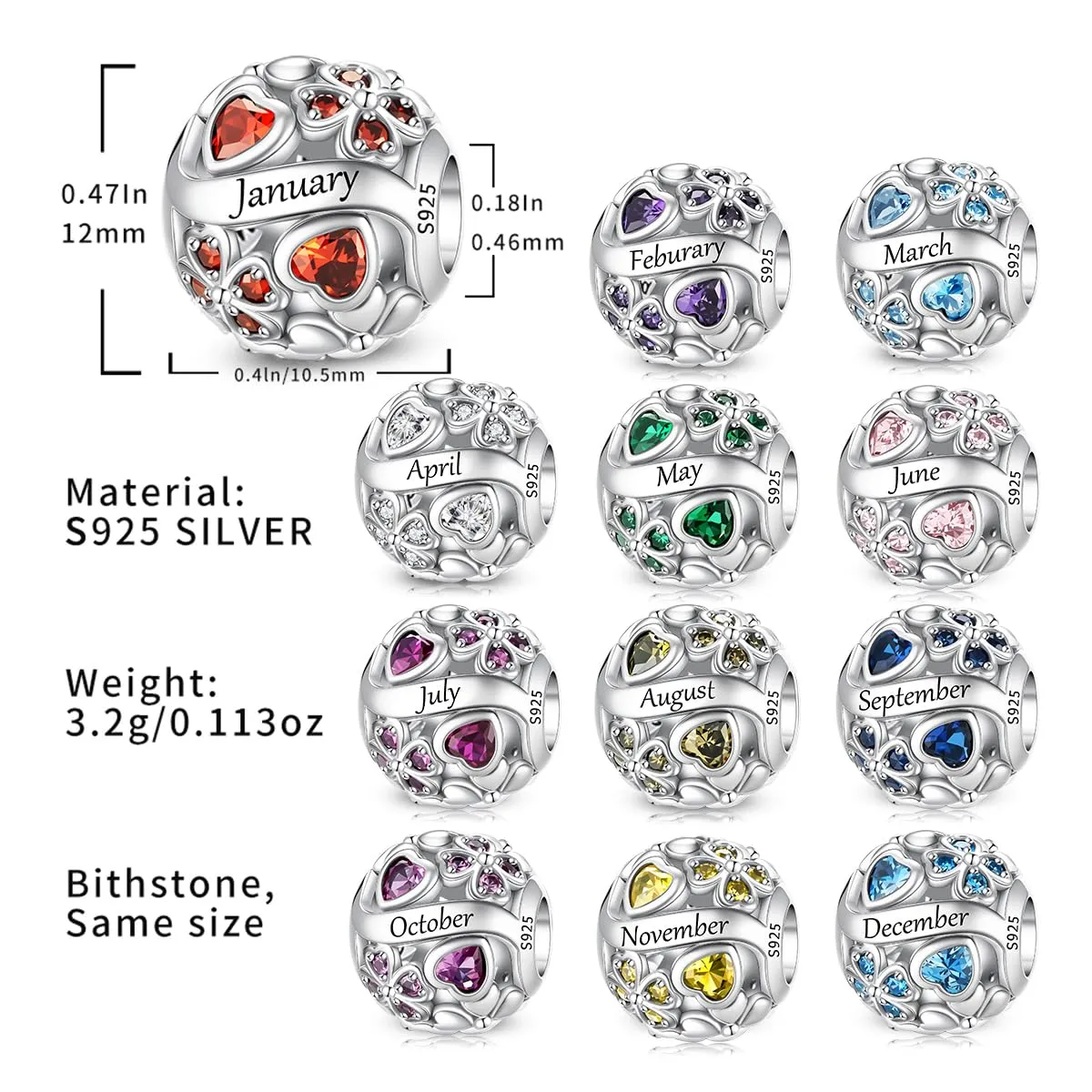 LNQOBU Birthstone Charms per Braccialetti, 925 Argento Sterling Perline di Fascino a Forma di Cuore con trifoglio Portafortuna, Ciondolo d'amore, Regalo di Compleanno per le Donne - immagine 5