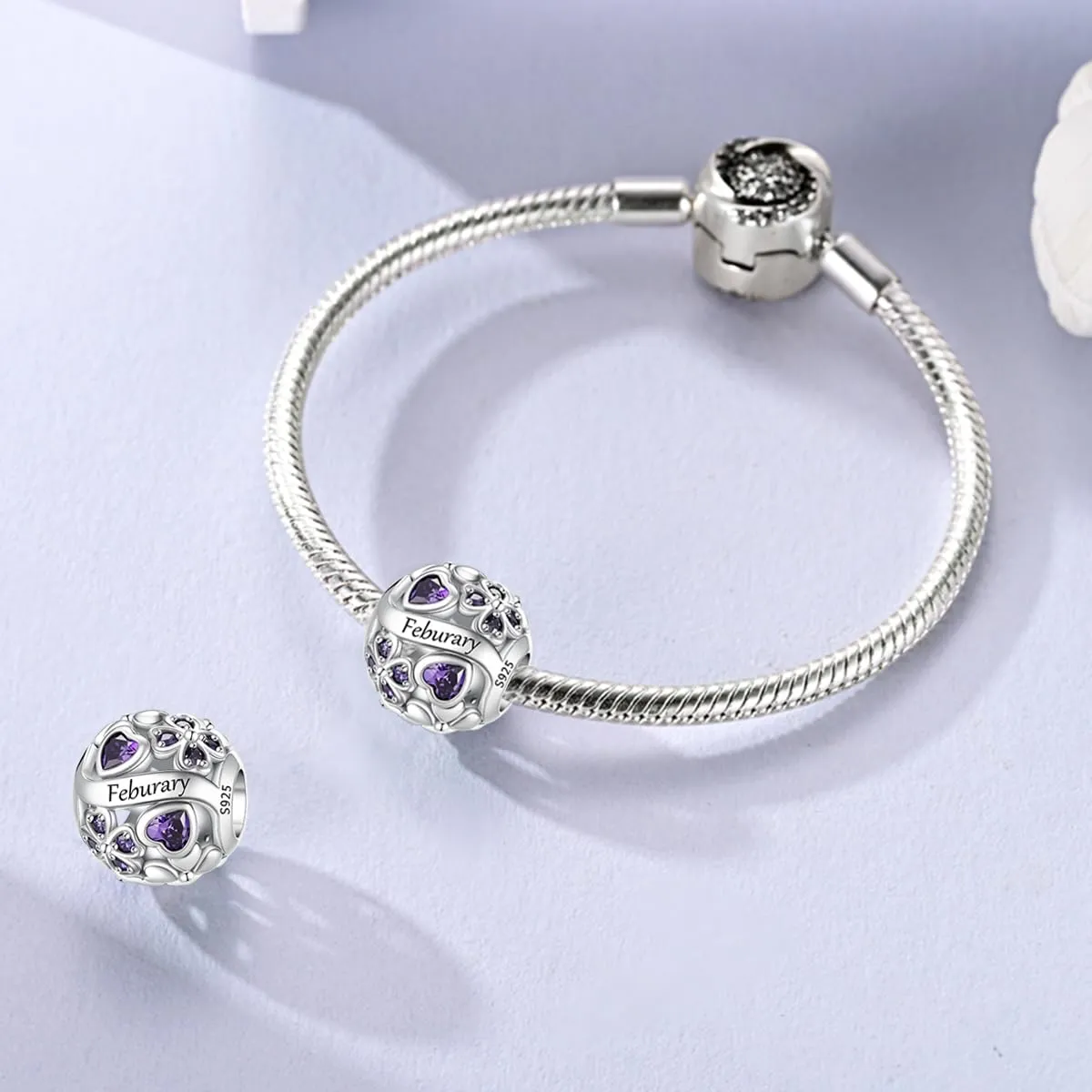LNQOBU Birthstone Charms per Braccialetti, 925 Argento Sterling Perline di Fascino a Forma di Cuore con trifoglio Portafortuna, Ciondolo d'amore, Regalo di Compleanno per le Donne - immagine 2