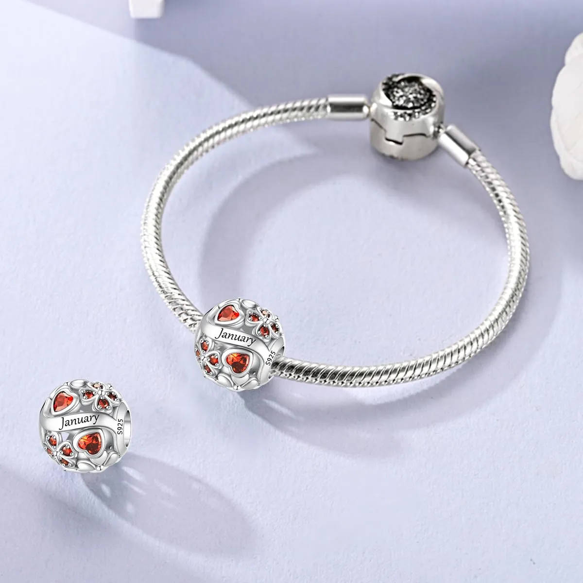 LNQOBU Birthstone Charms per Braccialetti, 925 Argento Sterling Perline di Fascino a Forma di Cuore con trifoglio Portafortuna, Ciondolo d'amore, Regalo di Compleanno per le Donne - immagine 2