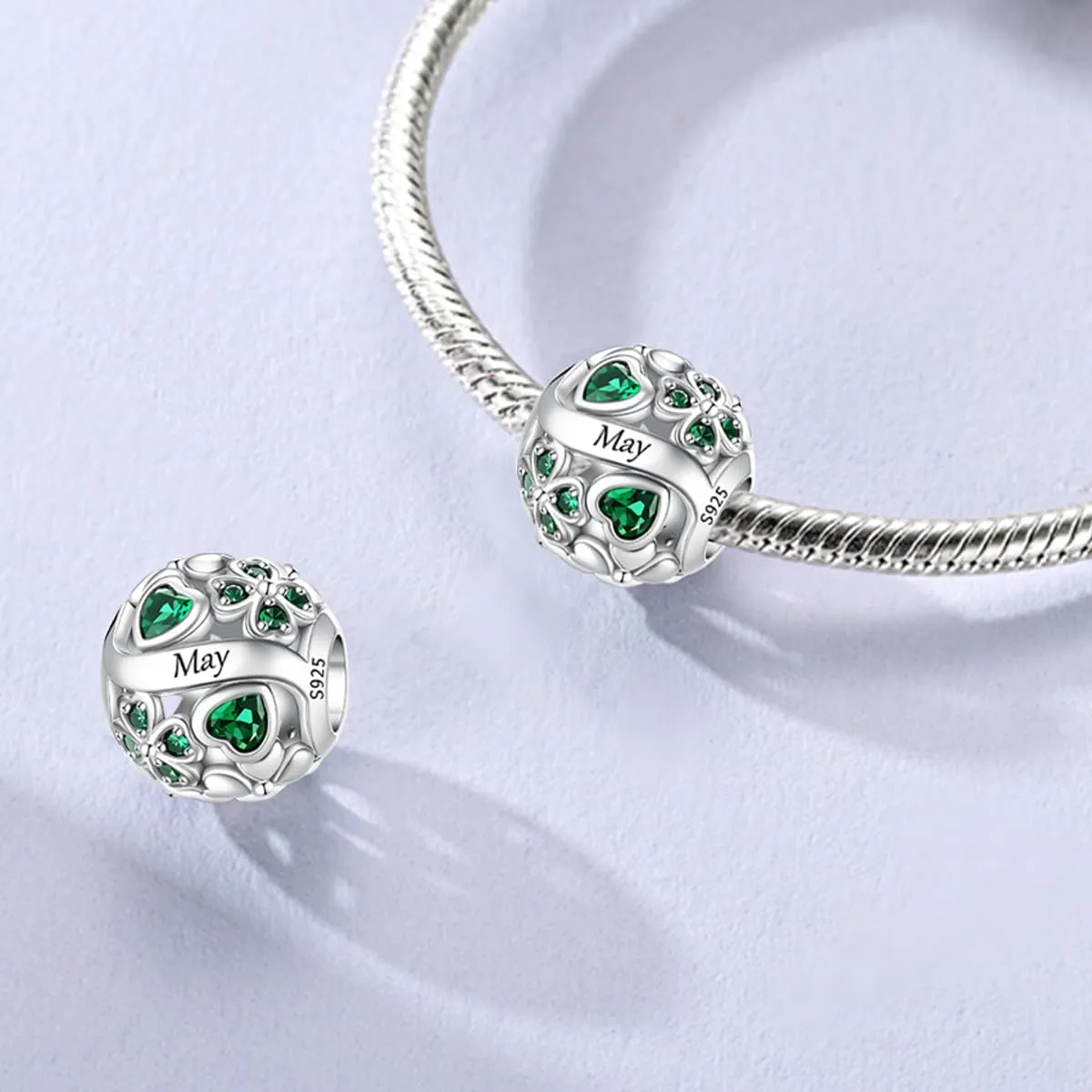 LNQOBU Birthstone Charms per Braccialetti, 925 Argento Sterling Perline di Fascino a Forma di Cuore con trifoglio Portafortuna, Ciondolo d'amore, Regalo di Compleanno per le Donne - immagine 3