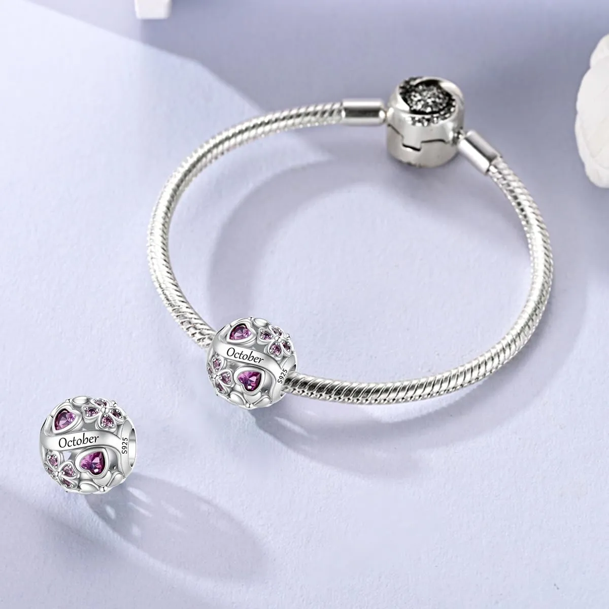 LNQOBU Birthstone Charms per Braccialetti, 925 Argento Sterling Perline di Fascino a Forma di Cuore con trifoglio Portafortuna, Ciondolo d'amore, Regalo di Compleanno per le Donne - immagine 2