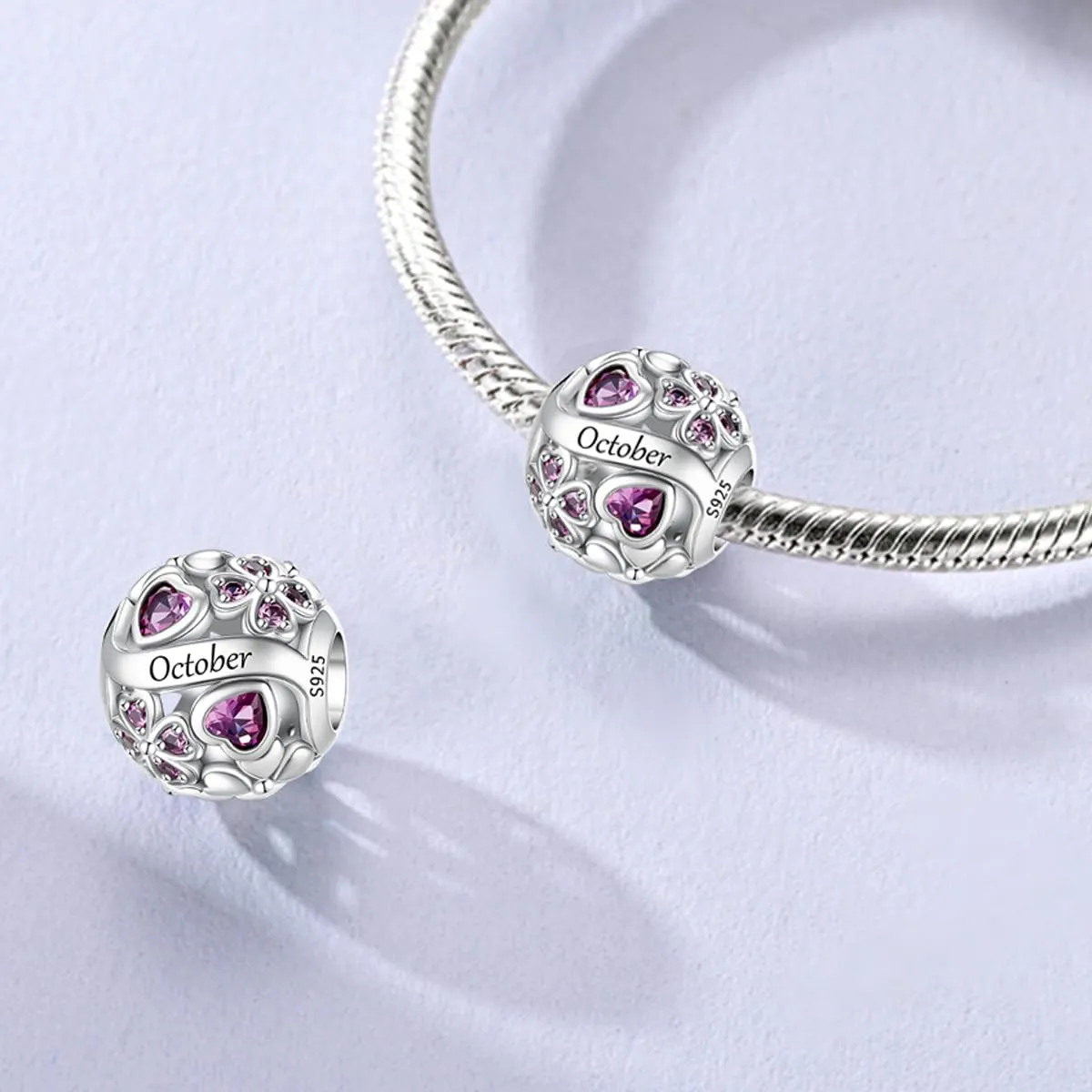 LNQOBU Birthstone Charms per Braccialetti, 925 Argento Sterling Perline di Fascino a Forma di Cuore con trifoglio Portafortuna, Ciondolo d'amore, Regalo di Compleanno per le Donne - immagine 3
