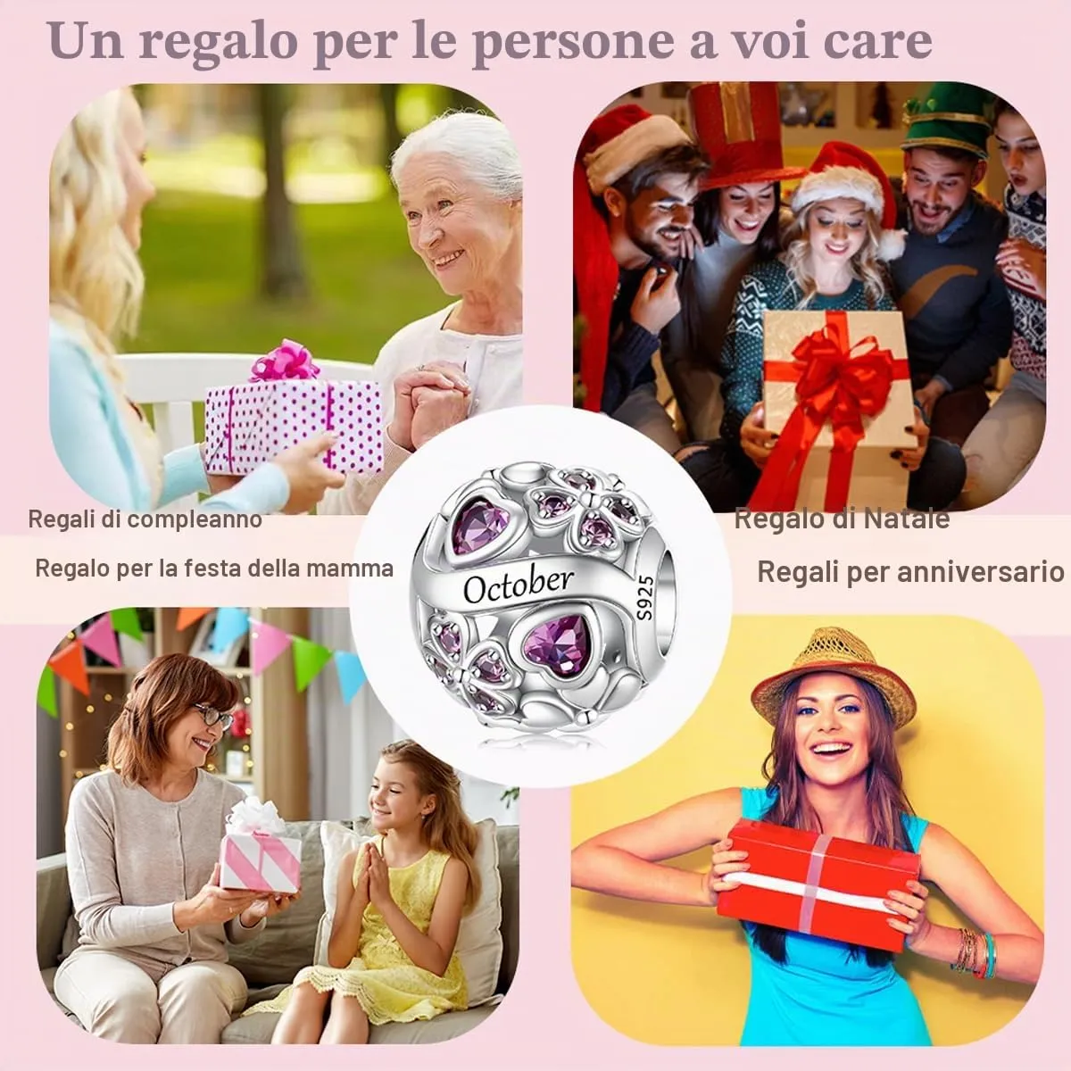 LNQOBU Birthstone Charms per Braccialetti, 925 Argento Sterling Perline di Fascino a Forma di Cuore con trifoglio Portafortuna, Ciondolo d'amore, Regalo di Compleanno per le Donne - immagine 6