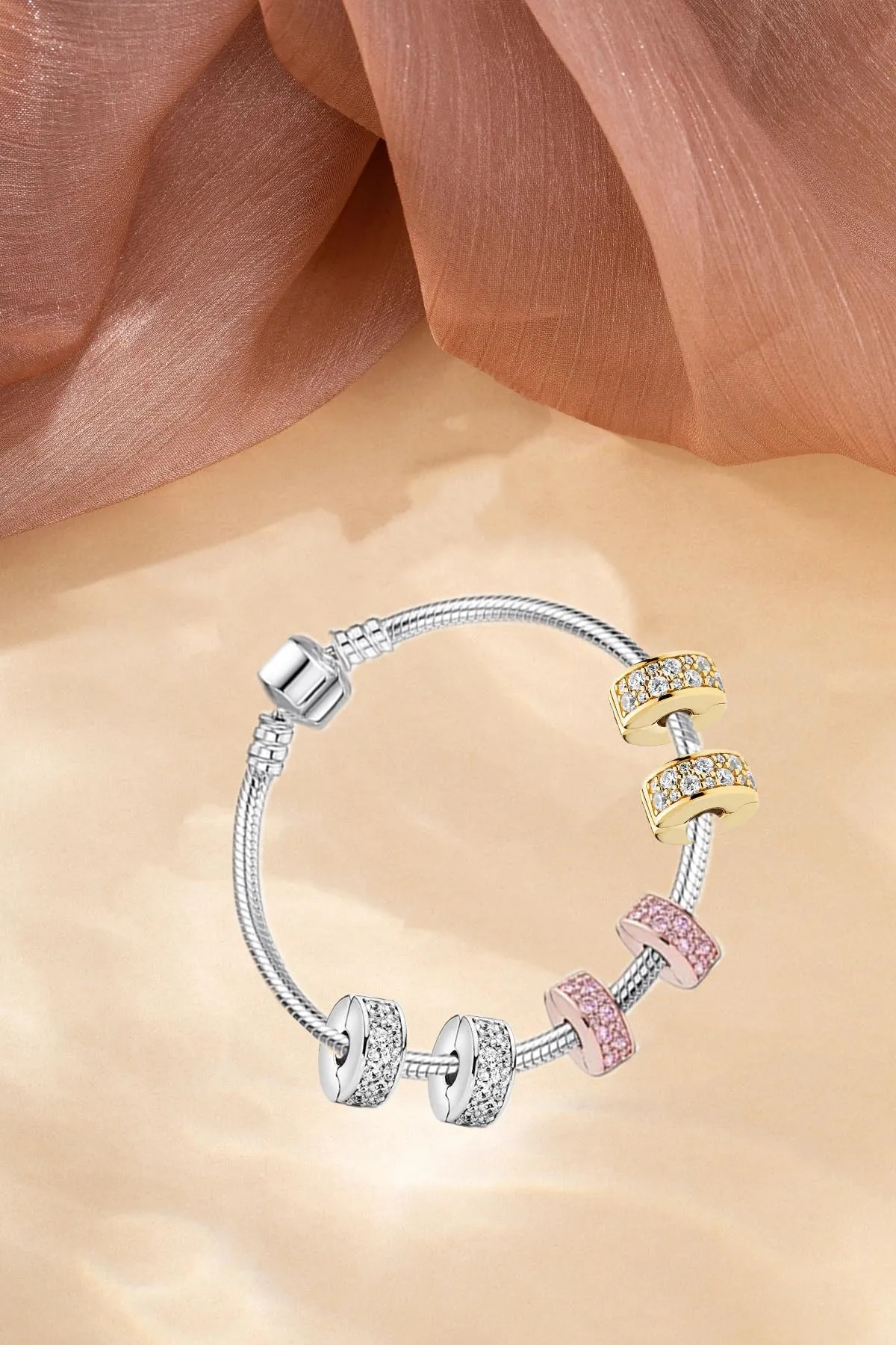 WEIMU Charm in argento Sterling 925 per braccialetti con clip in gomma per perline e ciondoli distanziatori, Medium, Argento sterling, Zirconia cubica - immagine 5