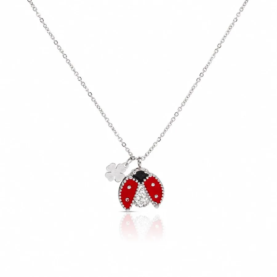 SAGA GIOIELLI® Collana donna portafortuna con charm coccinella e quadrifoglio in acciaio inox – Lunghezza 41+5 cm - Confezione Regalo inclusa - Idea regalo portafortuna - Compleanno - immagine 1