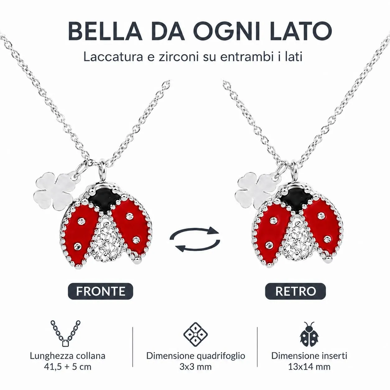 SAGA GIOIELLI® Collana donna portafortuna con charm coccinella e quadrifoglio in acciaio inox – Lunghezza 41+5 cm - Confezione Regalo inclusa - Idea regalo portafortuna - Compleanno - immagine 3