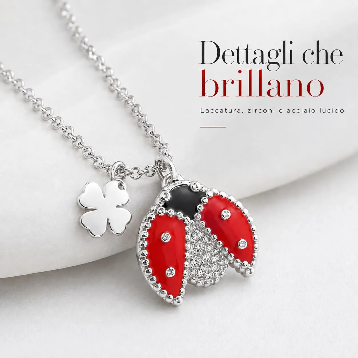 SAGA GIOIELLI® Collana donna portafortuna con charm coccinella e quadrifoglio in acciaio inox – Lunghezza 41+5 cm - Confezione Regalo inclusa - Idea regalo portafortuna - Compleanno - immagine 4