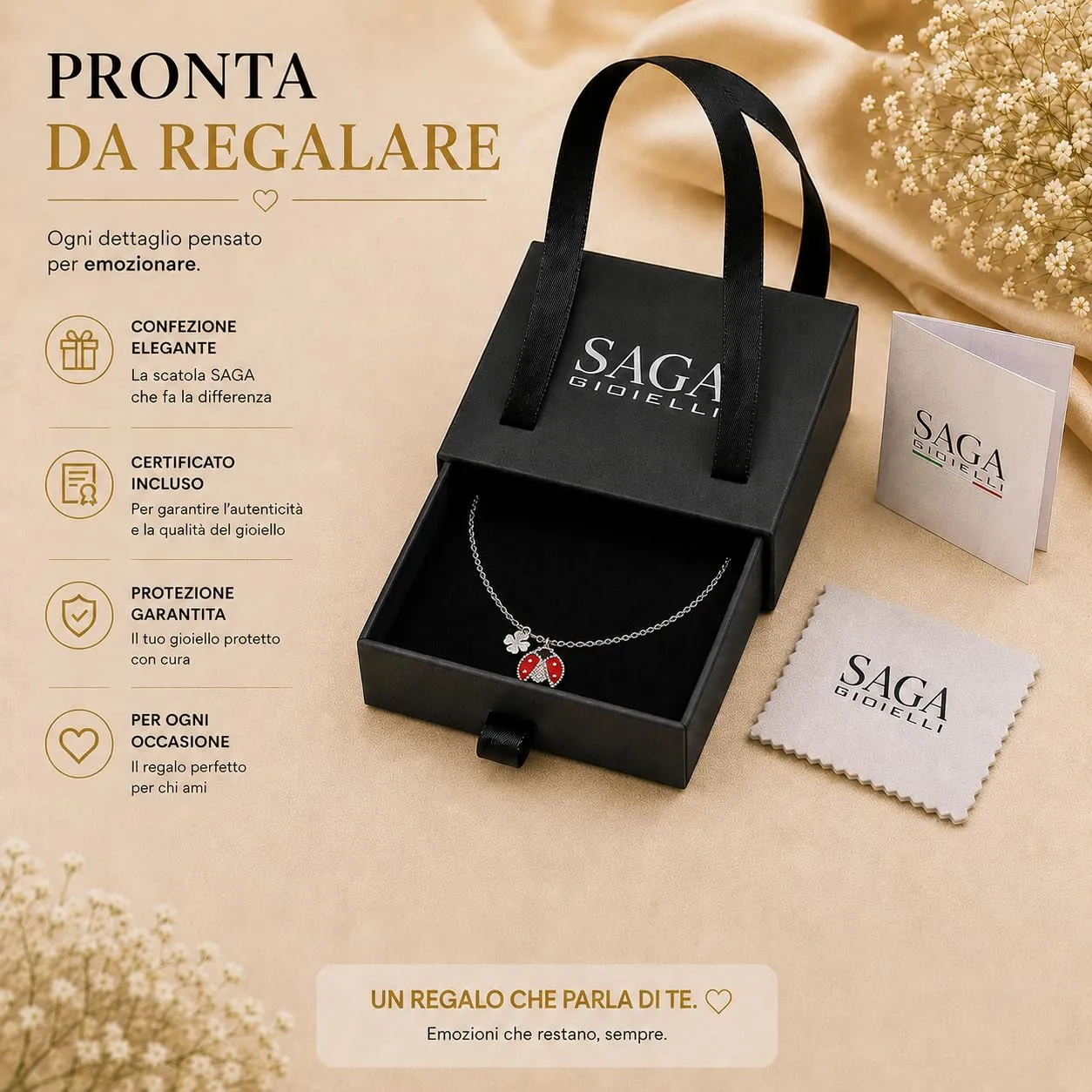 SAGA GIOIELLI® Collana donna portafortuna con charm coccinella e quadrifoglio in acciaio inox – Lunghezza 41+5 cm - Confezione Regalo inclusa - Idea regalo portafortuna - Compleanno - immagine 6