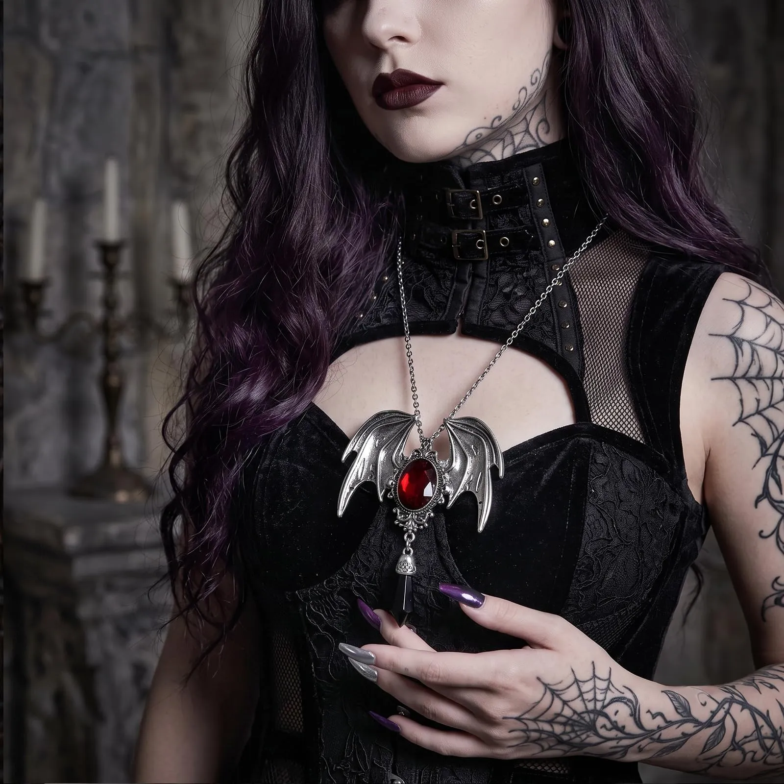ZOSIGN Collana Pipistrello, Rosso Collana Gotica Pipistrello, Collane Goth Donna, Collane Pipistrellus Donna, Accessori Gotici da Vampiro, Regali per Halloween E Carnevale per Donne - immagine 3