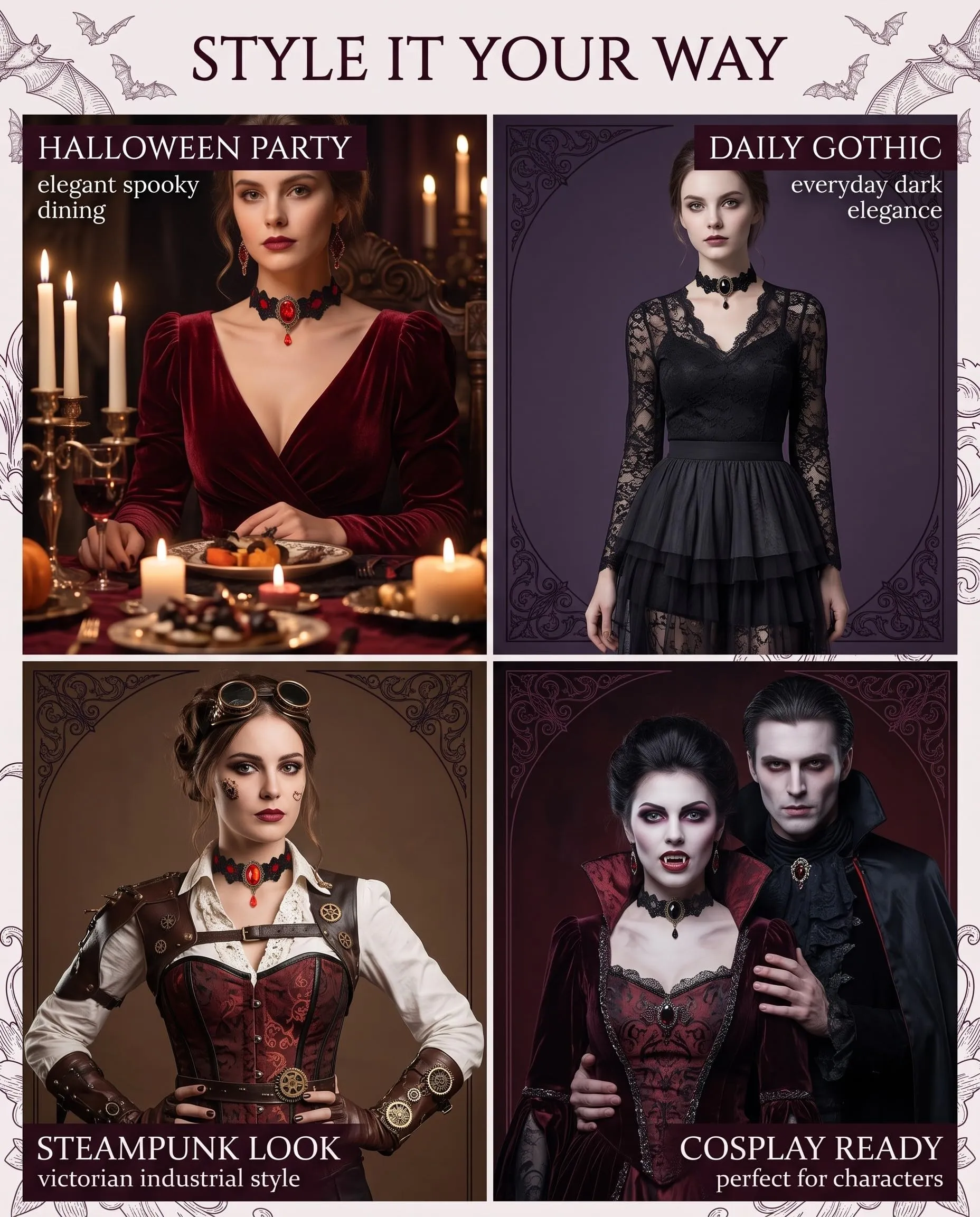KACZUS Collane in Pizzo Nero e Rosso 2 Pezzi, Fermaglio Antiscivolo Sicuro per Layering, Accessori Gotici per Costume Halloween e Cosplay Donna - immagine 2