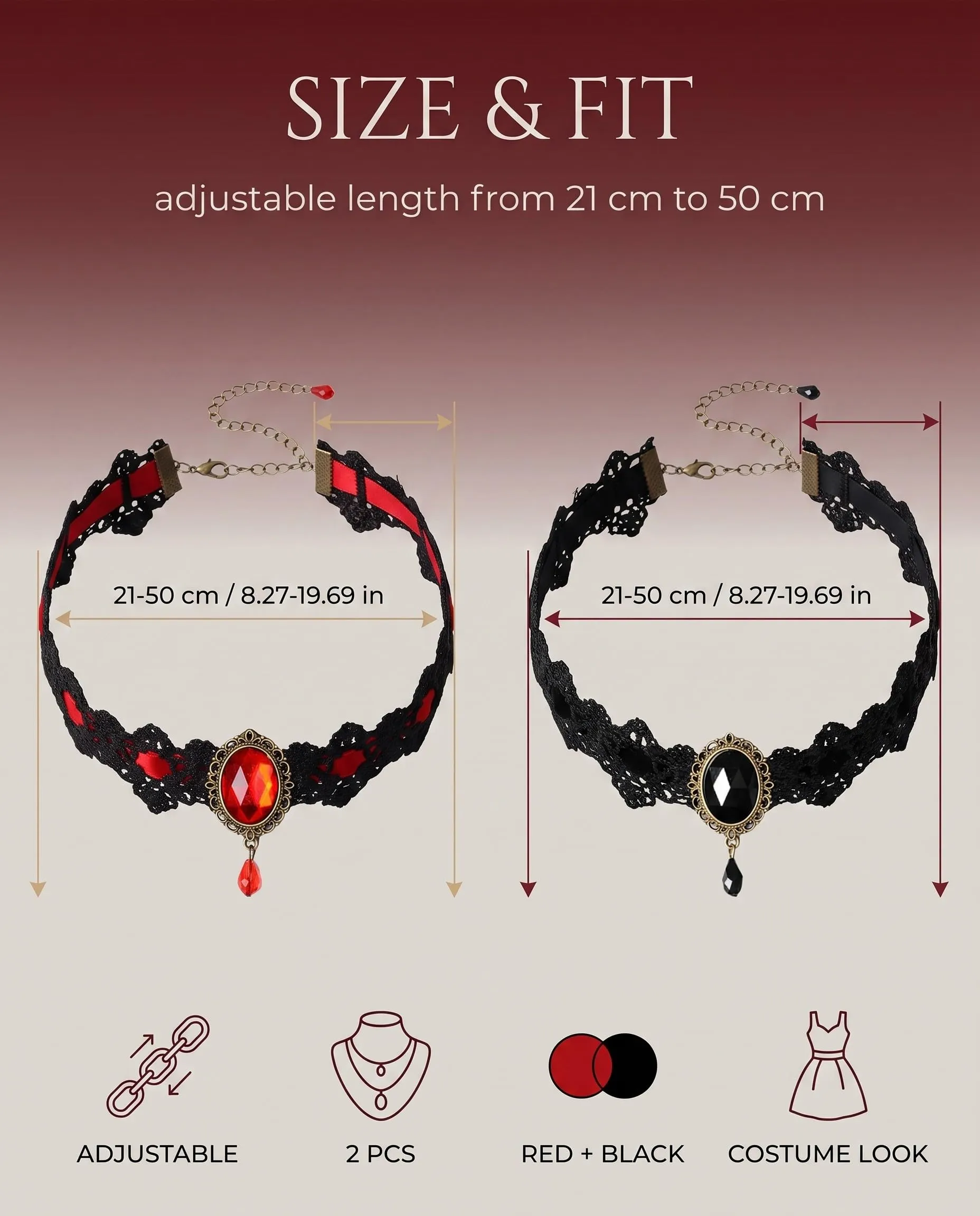 KACZUS Collane in Pizzo Nero e Rosso 2 Pezzi, Fermaglio Antiscivolo Sicuro per Layering, Accessori Gotici per Costume Halloween e Cosplay Donna - immagine 3
