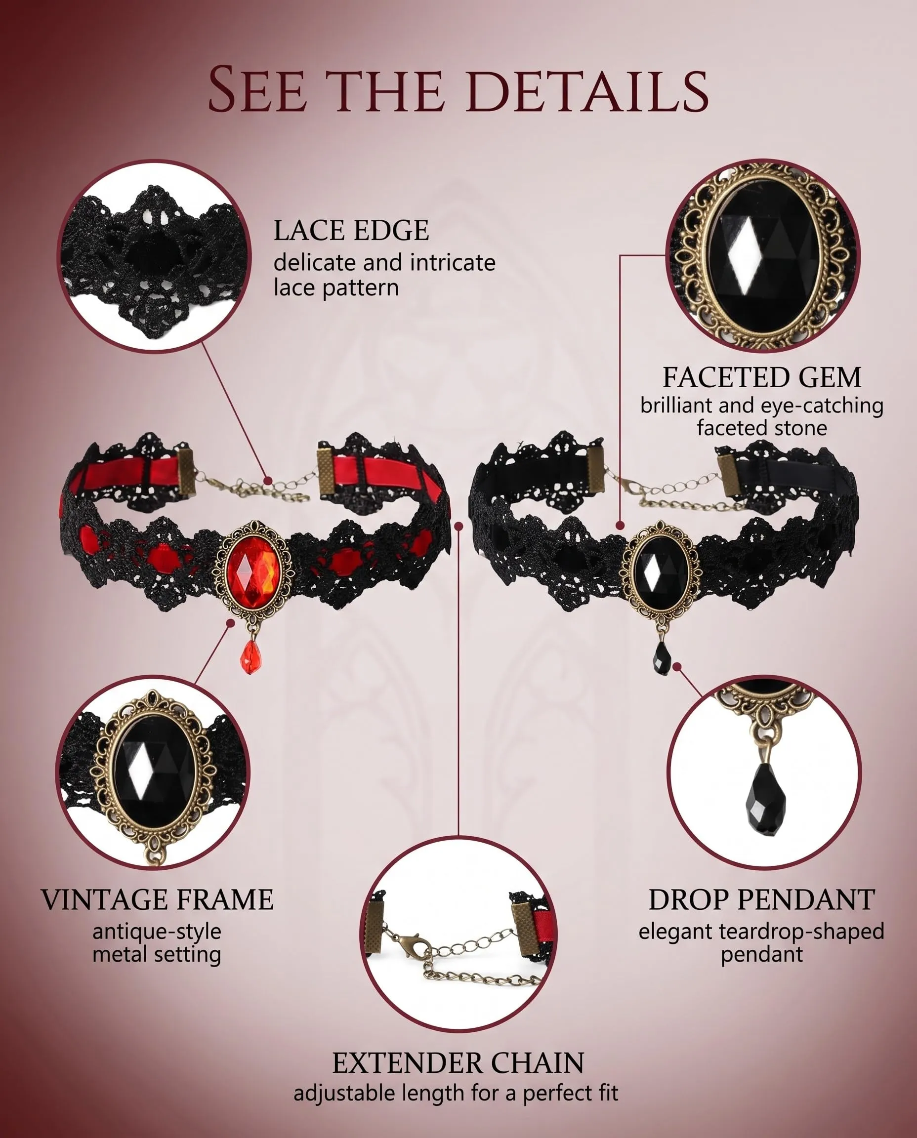 KACZUS Collane in Pizzo Nero e Rosso 2 Pezzi, Fermaglio Antiscivolo Sicuro per Layering, Accessori Gotici per Costume Halloween e Cosplay Donna - immagine 4