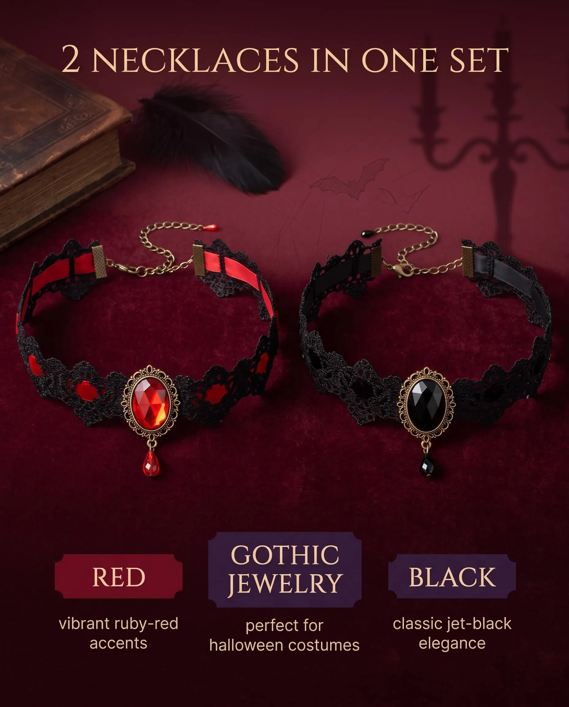 KACZUS Collane in Pizzo Nero e Rosso 2 Pezzi, Fermaglio Antiscivolo Sicuro per Layering, Accessori Gotici per Costume Halloween e Cosplay Donna - immagine 5