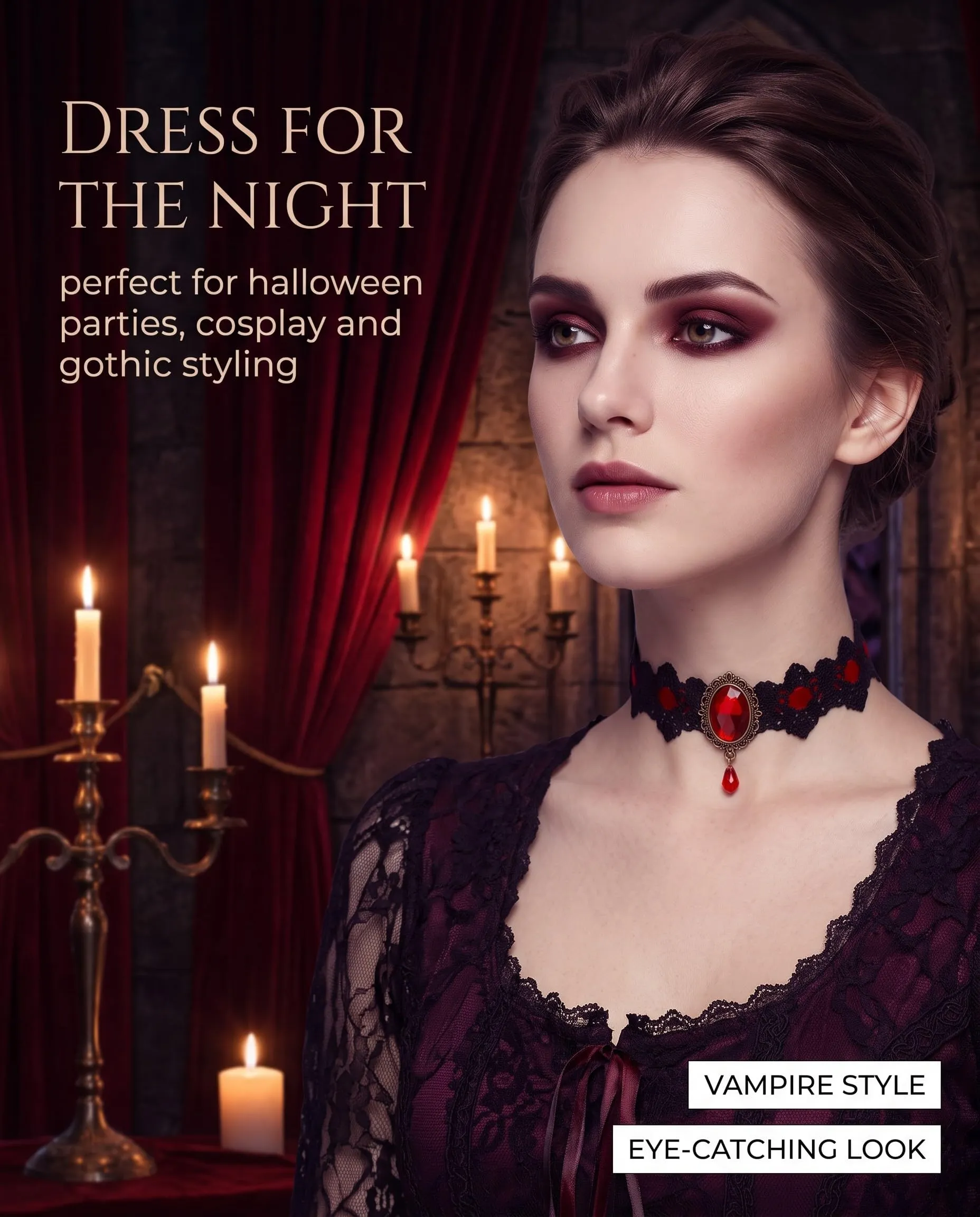 KACZUS Collane in Pizzo Nero e Rosso 2 Pezzi, Fermaglio Antiscivolo Sicuro per Layering, Accessori Gotici per Costume Halloween e Cosplay Donna - immagine 6