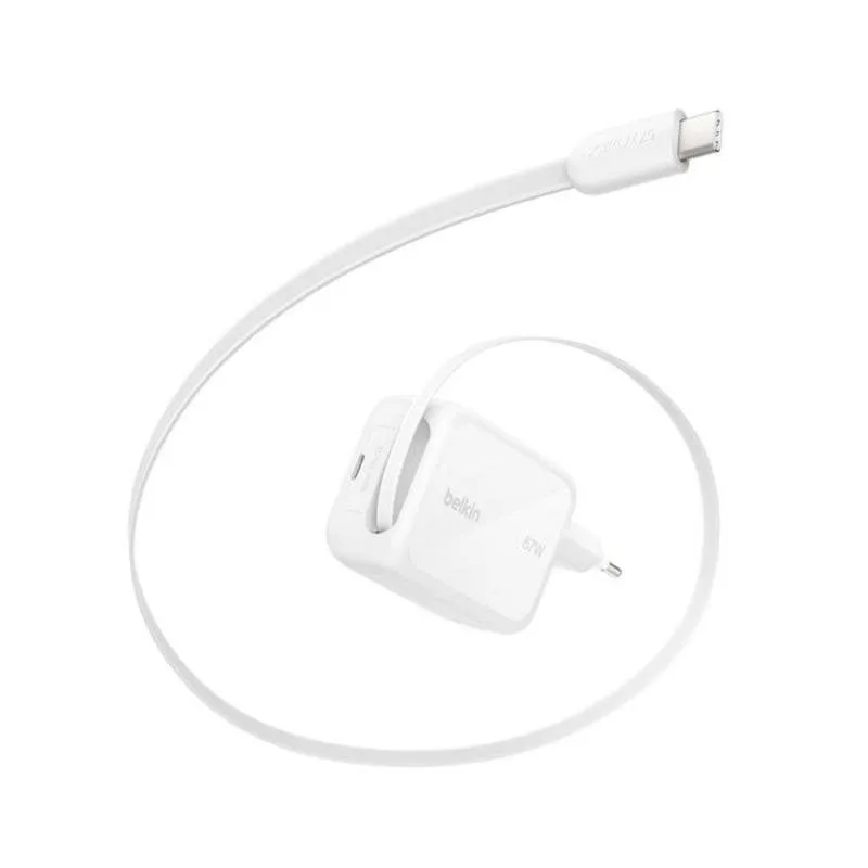 Caricatore Belkin UltraCharge 67 W USB-C GaN Cavo Retrattile Bianco - immagine 1