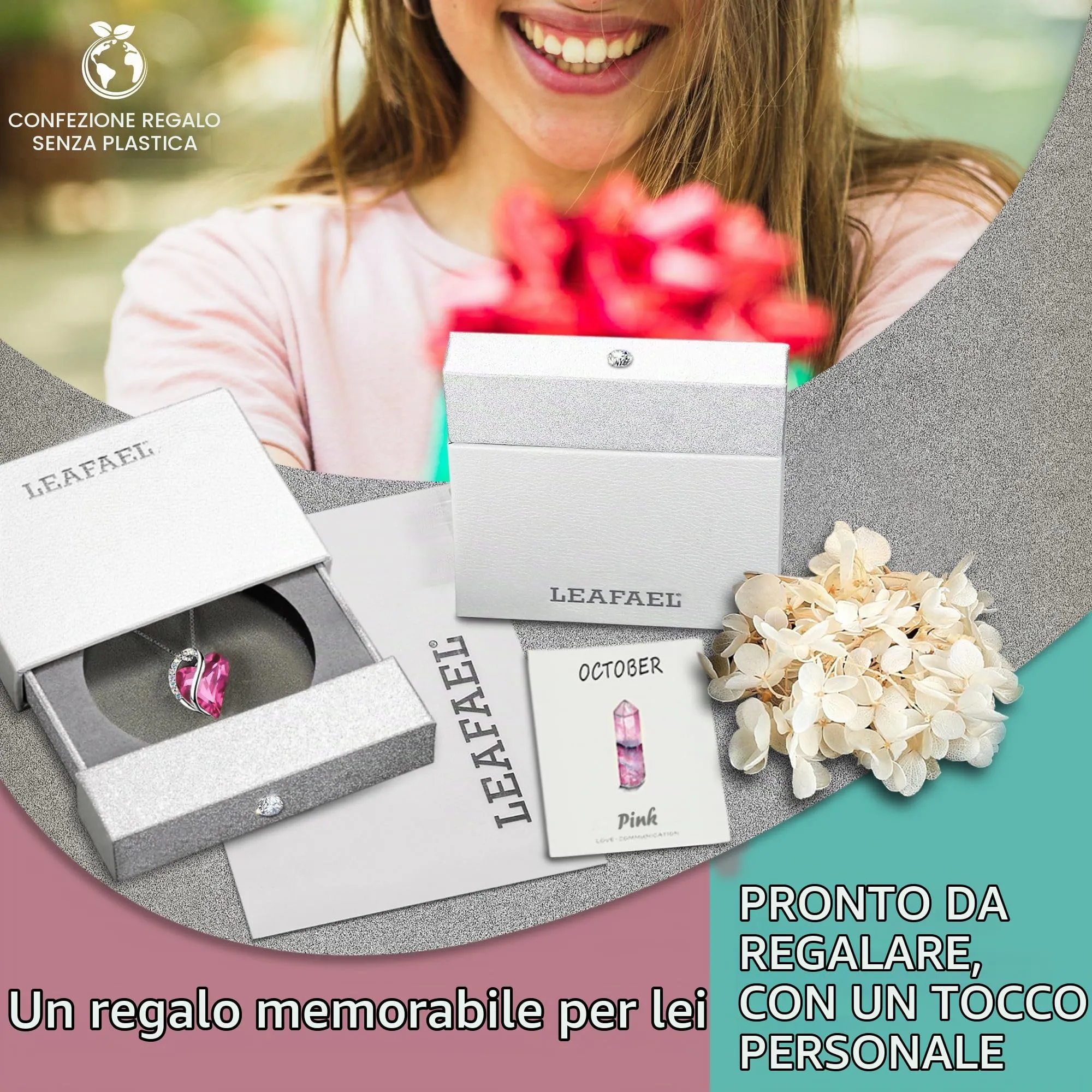 Leafael Collana Cuore Infinito Donna, Ottobre Tormalina rosa - immagine 5