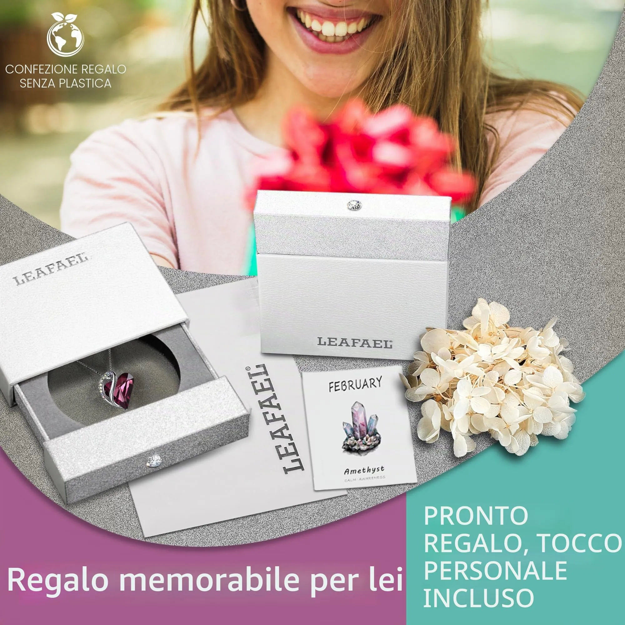 Leafael Collana Cuore Infinito Donna, Febbraio Ametista rosa scuro - immagine 5