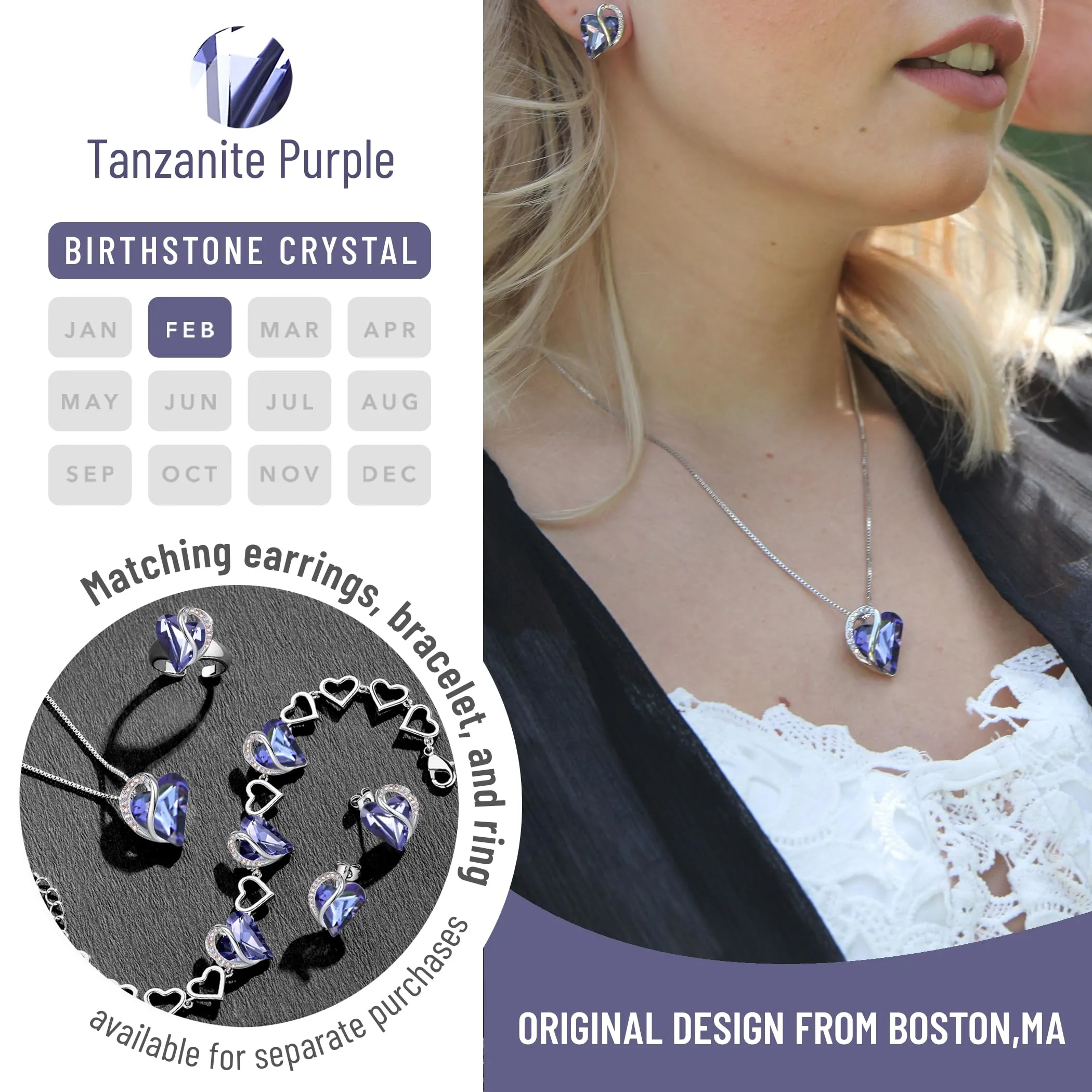 Leafael Collana Cuore Infinito Donna, Febbraio Tanzanite viola - immagine 4