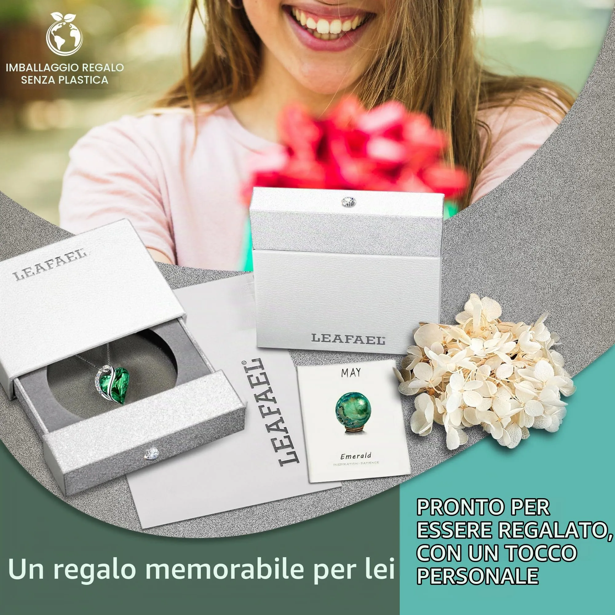 Leafael Collana Cuore Infinito Donna, Maggio Smeraldo verde - immagine 5