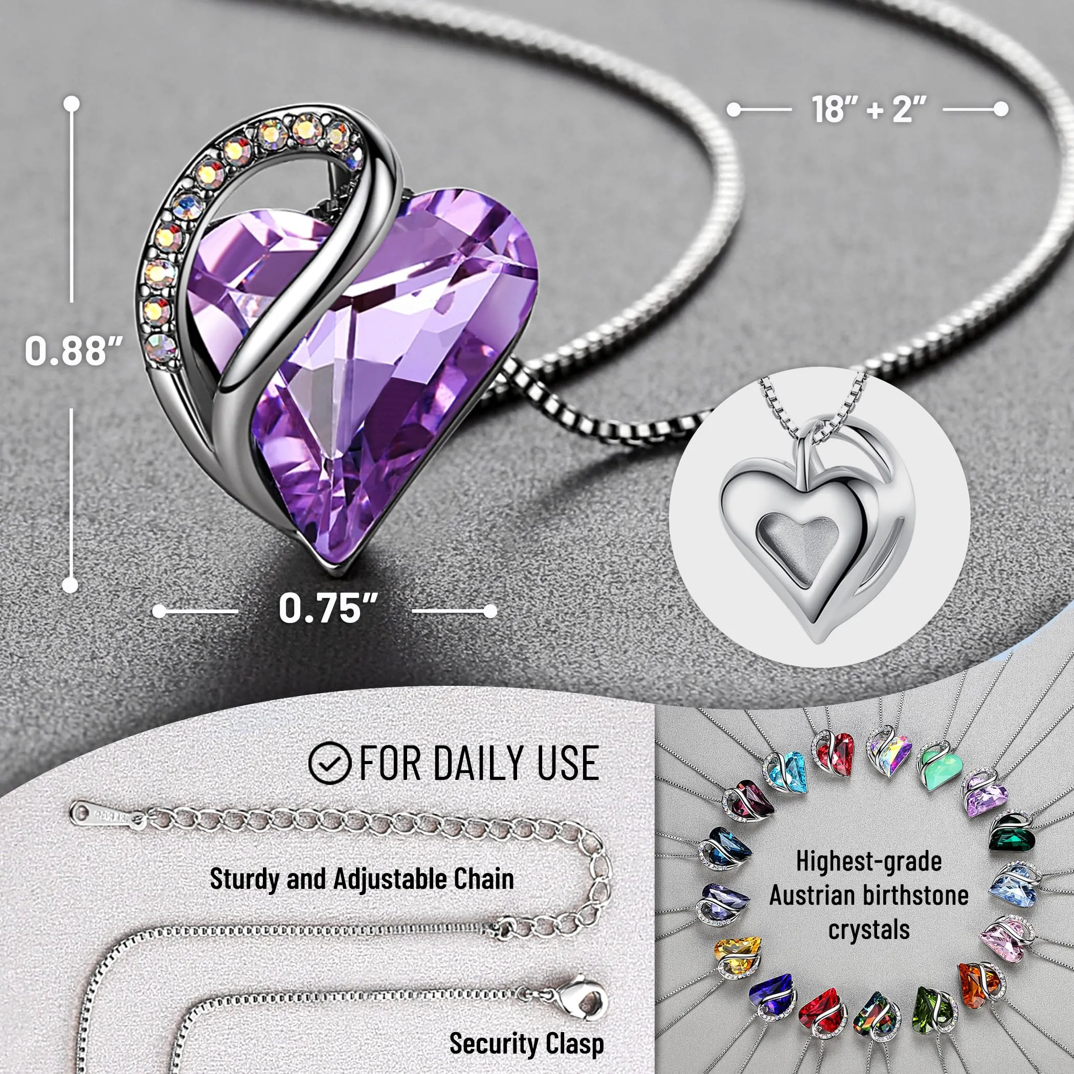 Leafael Infinito Amore Cuore Collana Argento, Pietra di nascita collana donna con cristalli curativi, Senza allergie Gioielli Regalo Donna, ciondoli per collane con scatola regalo inclusa - immagine 3