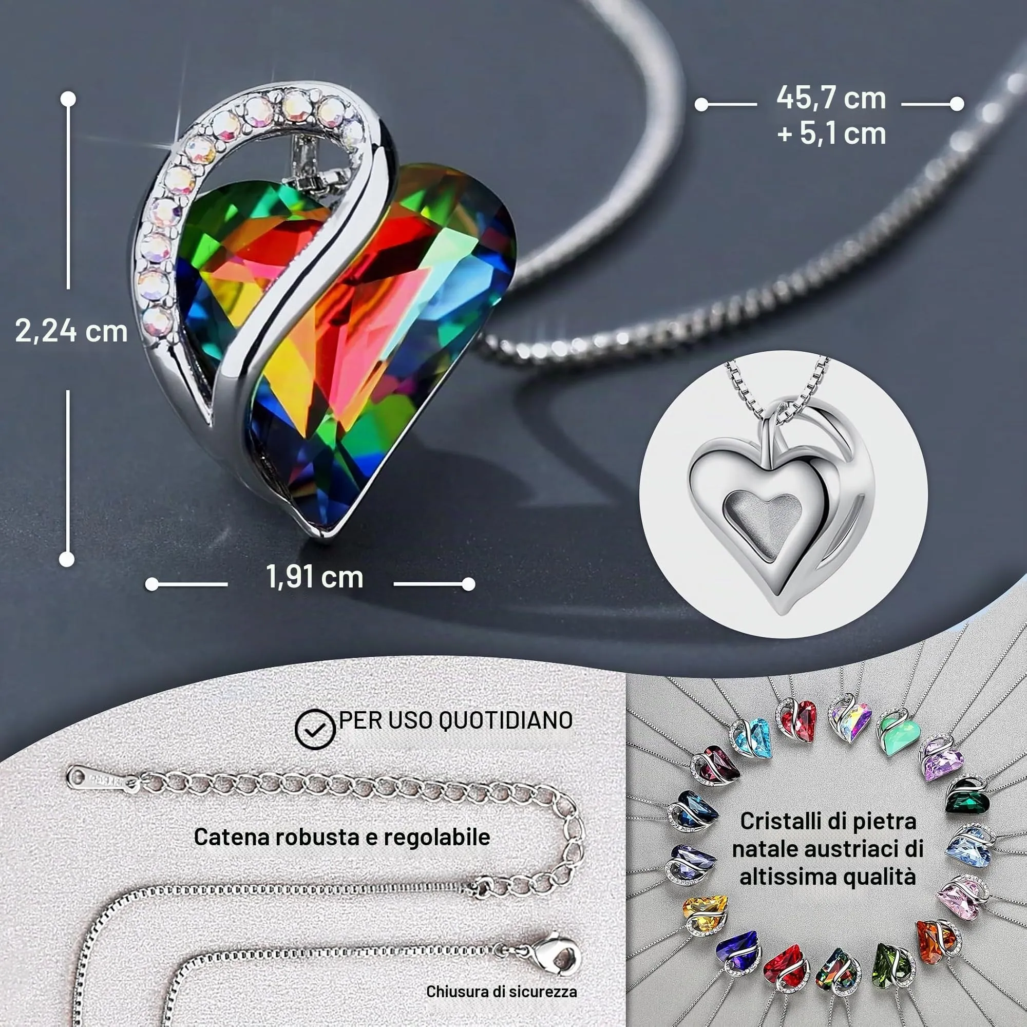 Leafael Collana Cuore Infinito Donna, Tormalina arcobaleno nera - immagine 3