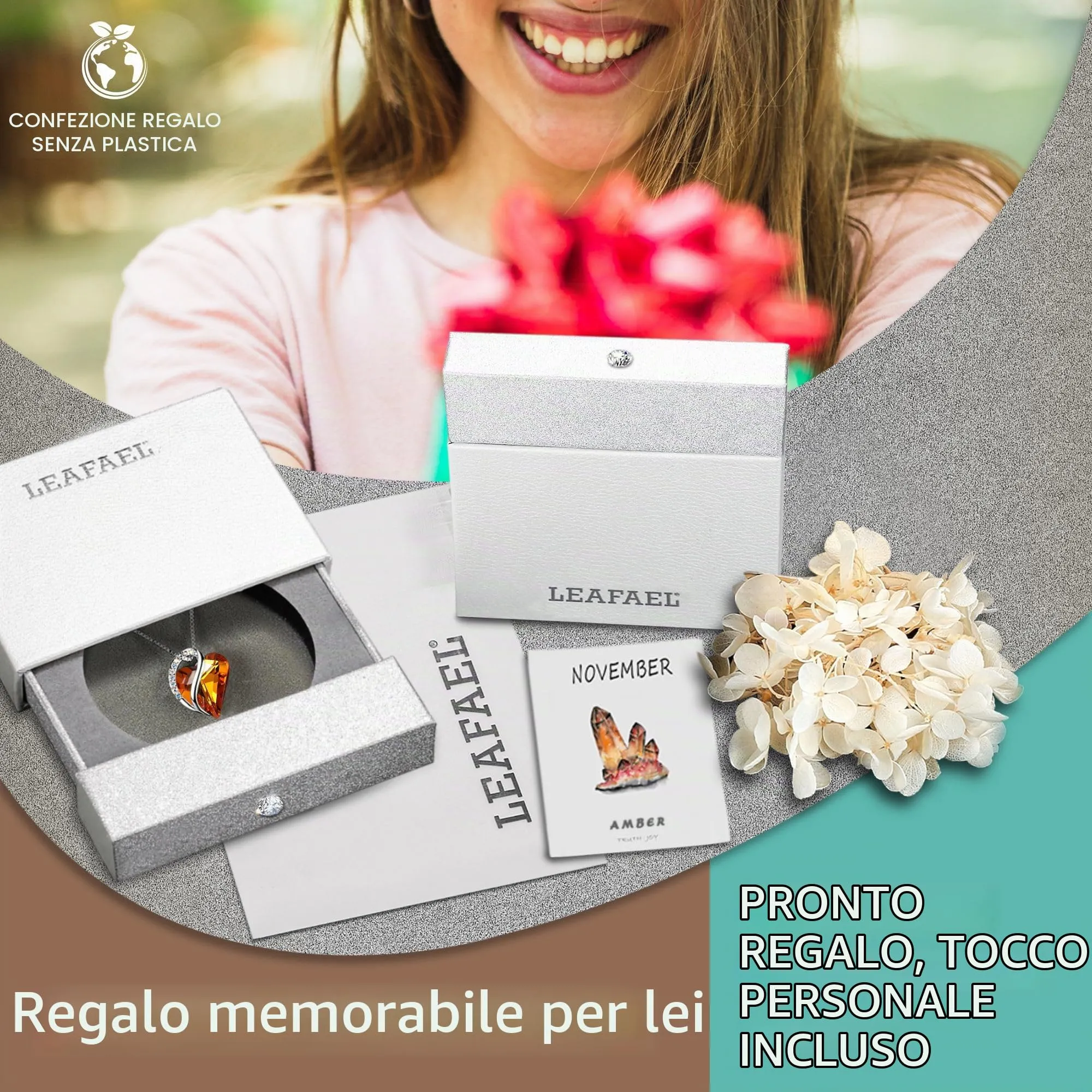 Leafael Collana Cuore Infinito Donna, Novembre Ambra marrone - immagine 5