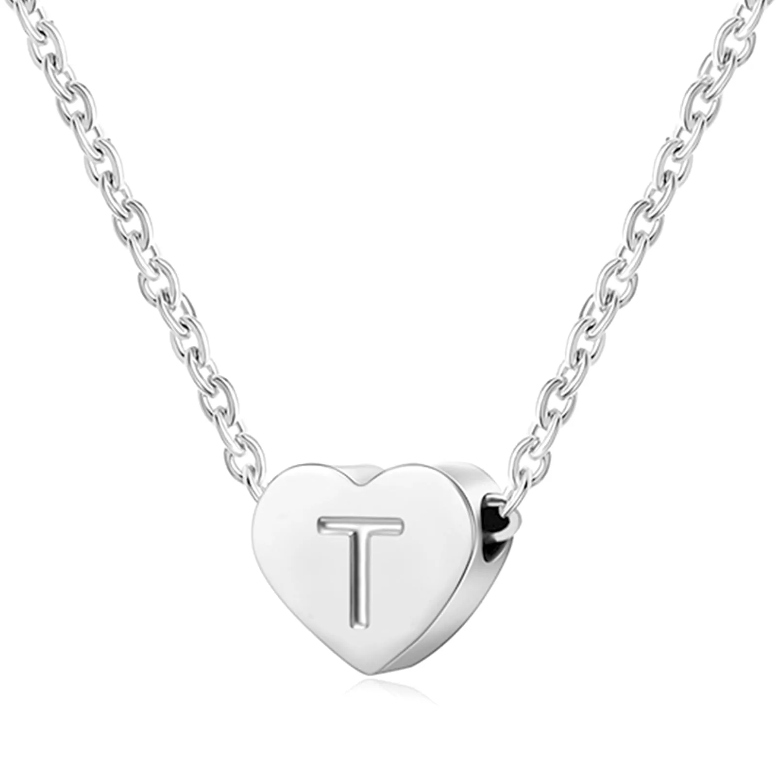 AFSTALR - Girocollo da donna in argento con piccolo ciondolo a forma di cuore, con iniziale, ideale per ragazze e Acciaio inossidabile, colore: S, cod. NK-heart-silver-T - immagine 1