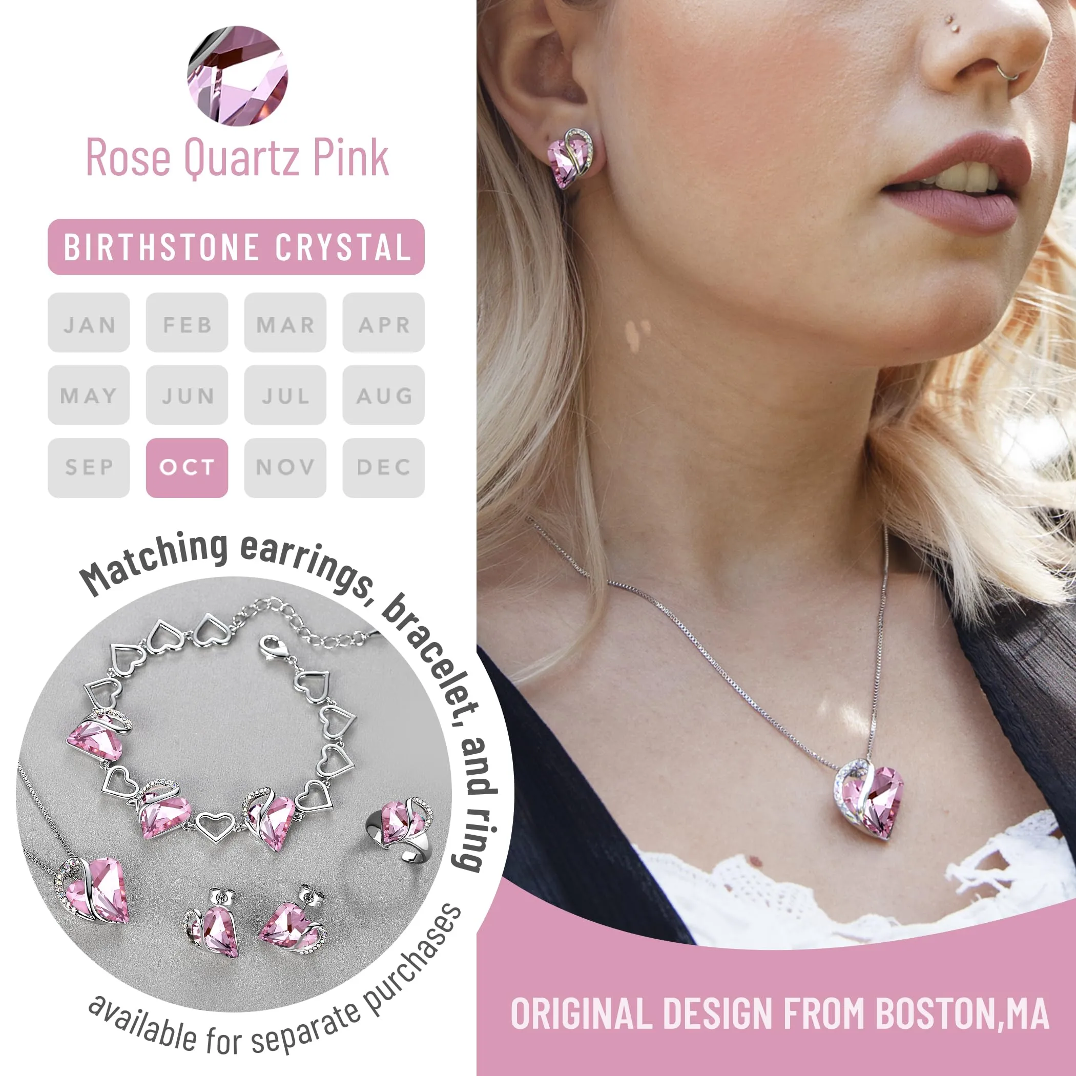 Leafael Collana Cuore Infinito Donna, Ottobre Quarzo rosa - immagine 4