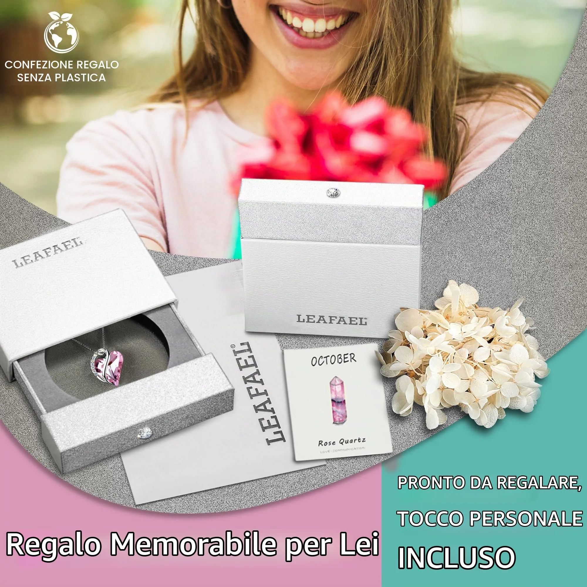 Leafael Collana Cuore Infinito Donna, Ottobre Quarzo rosa - immagine 5