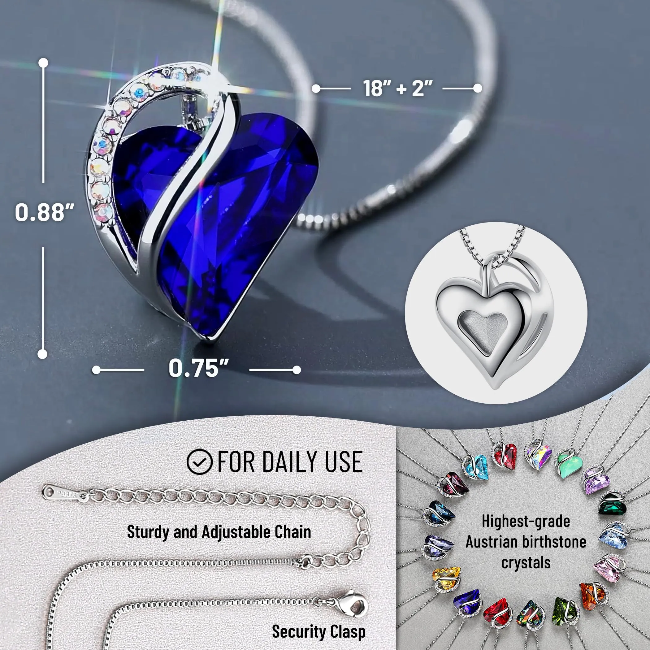 Leafael Collane Donna Cuore Birthstone | Collana con cristallo e pietre di nascita, collana donna con catena e ciondolo elegante, gioiello da donna con confezione regalo inclusa – San Valentino - immagine 3