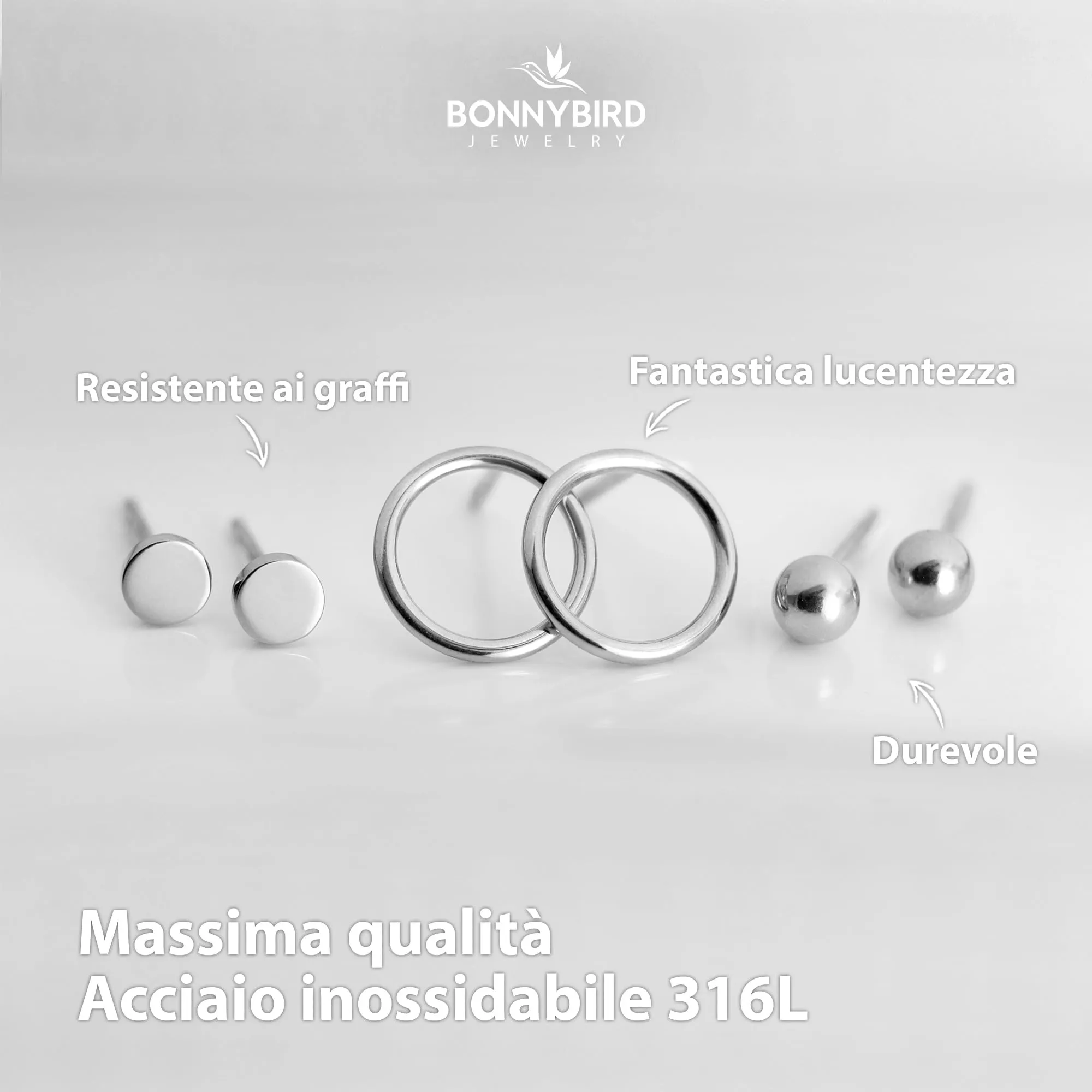 BONNYBIRD® Set Orecchini Donna Argento Acciaio Chirurgico Inossidabile Inox Anallergici Ipoallergici Senza Nichel Free Piccoli Gioielli Impermeabile - immagine 2