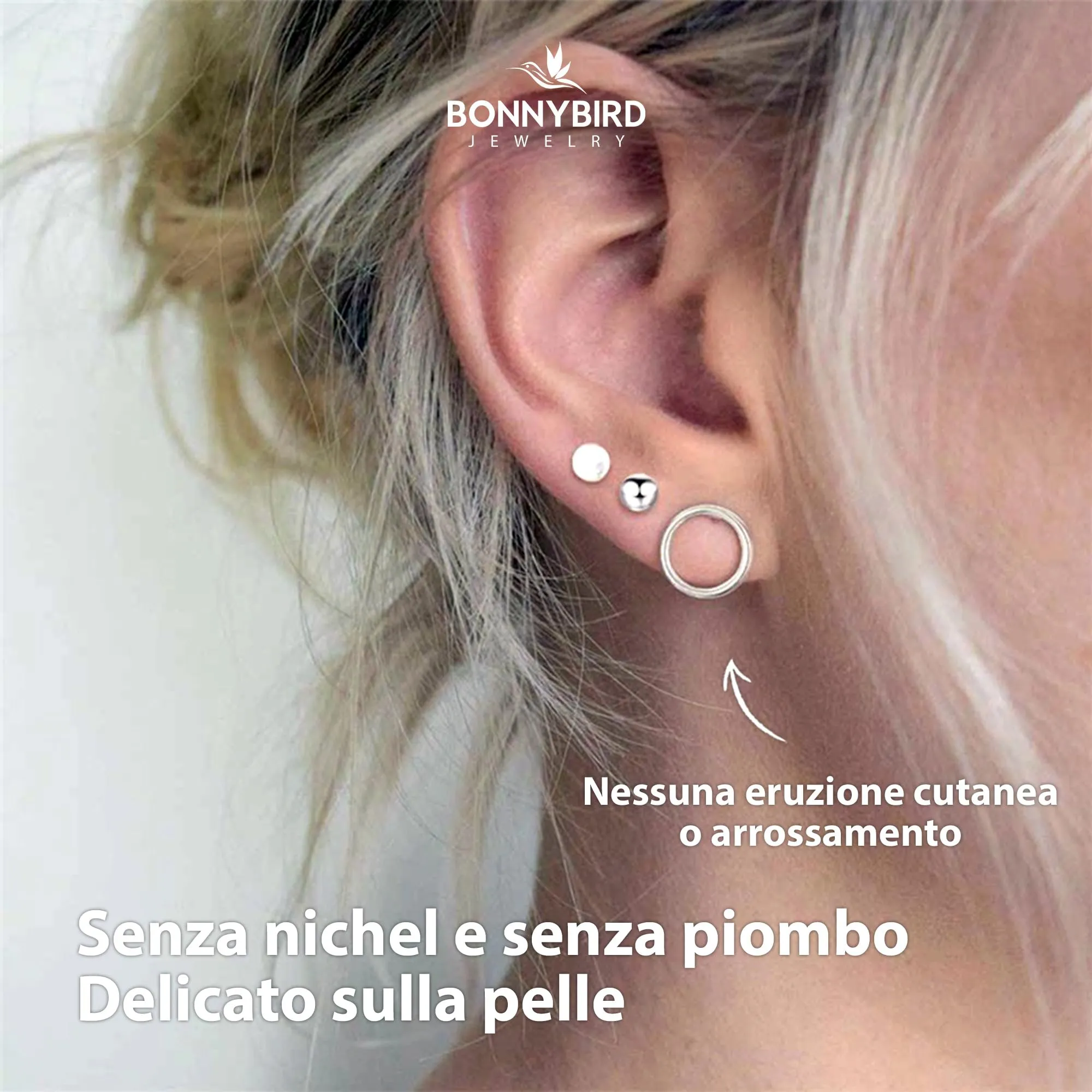 BONNYBIRD® Set Orecchini Donna Argento Acciaio Chirurgico Inossidabile Inox Anallergici Ipoallergici Senza Nichel Free Piccoli Gioielli Impermeabile - immagine 3