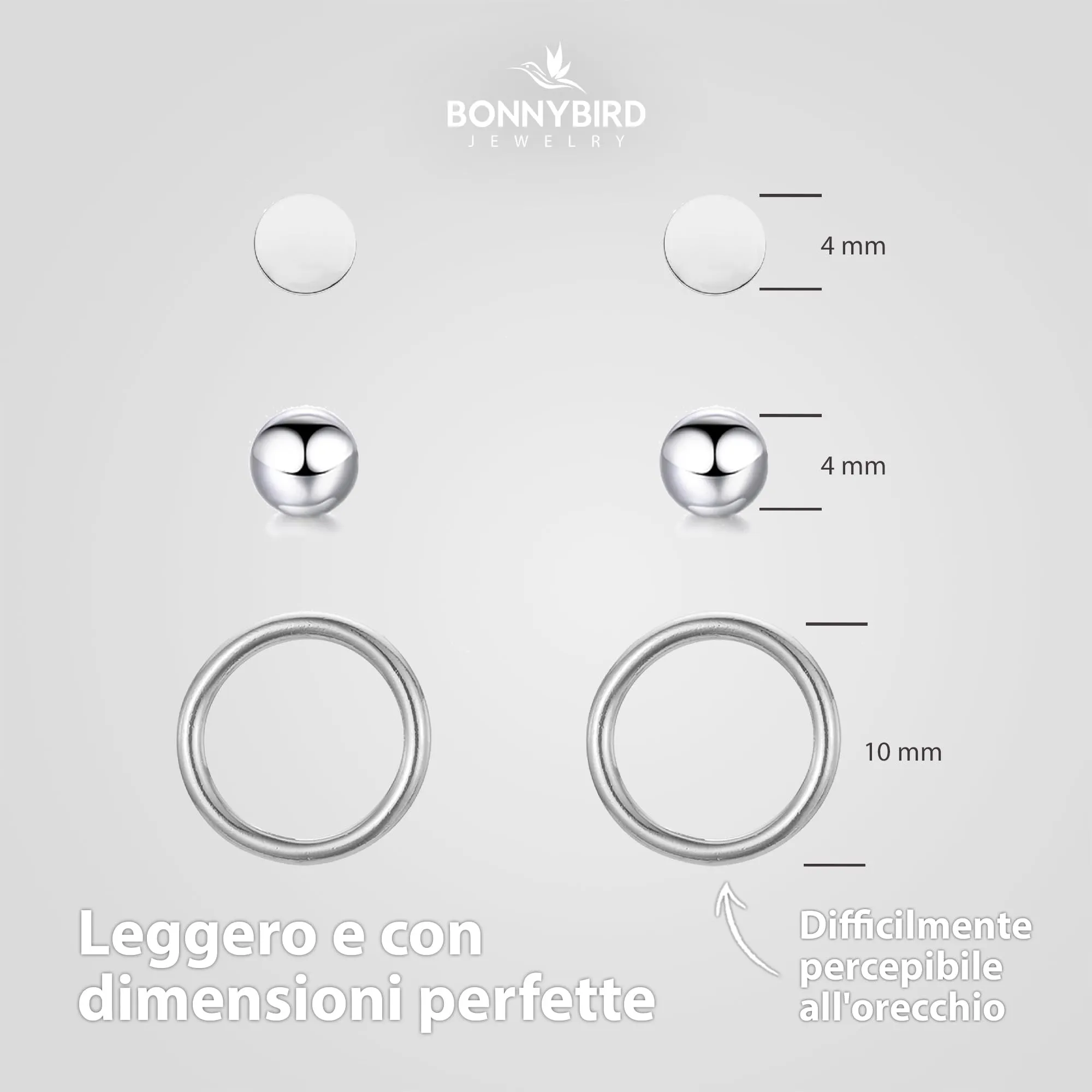 BONNYBIRD® Set Orecchini Donna Argento Acciaio Chirurgico Inossidabile Inox Anallergici Ipoallergici Senza Nichel Free Piccoli Gioielli Impermeabile - immagine 6