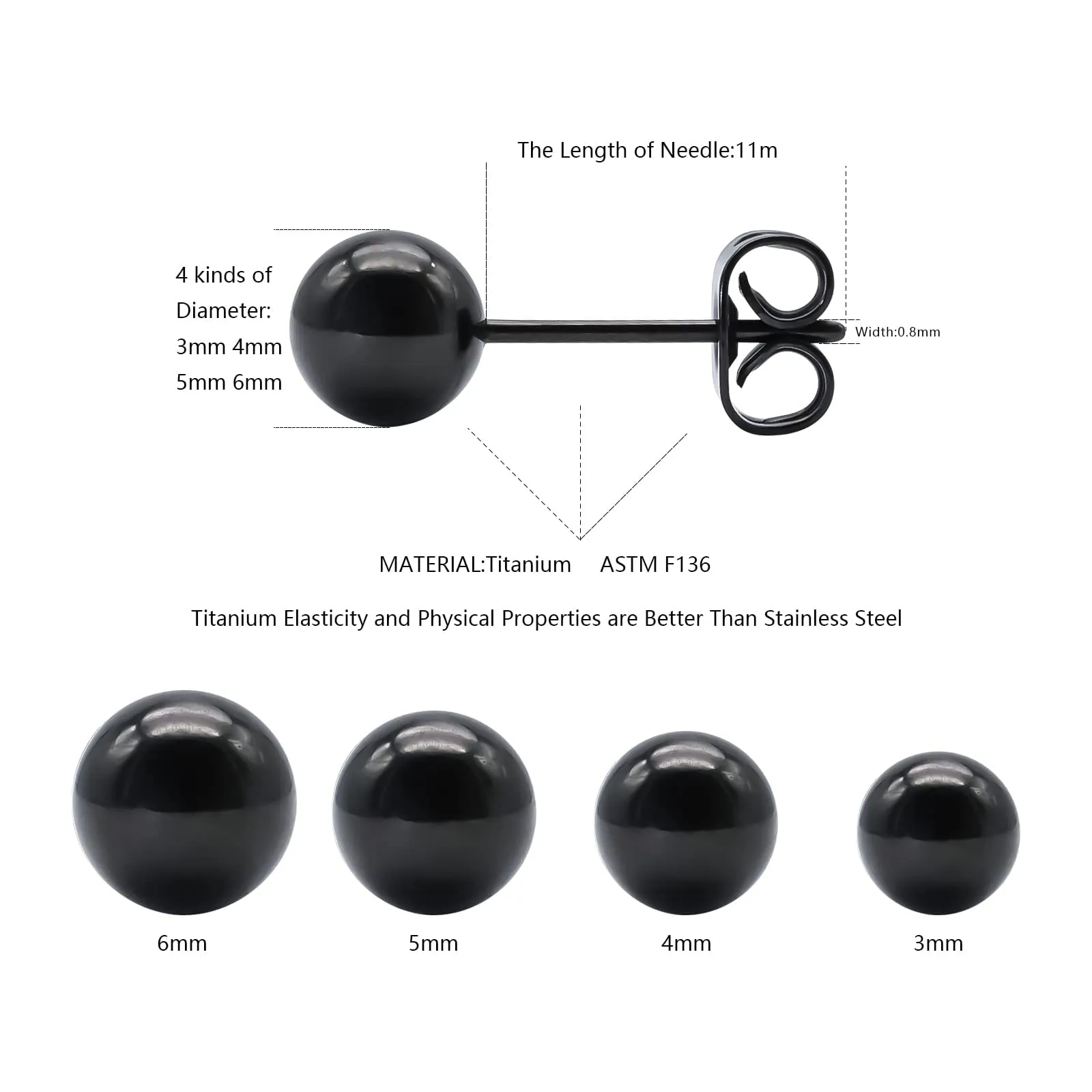 Artskin G23 orecchini a sfera in titanio donne ipoallergenici 4 mm orecchini neri per orecchie sensibili - immagine 2