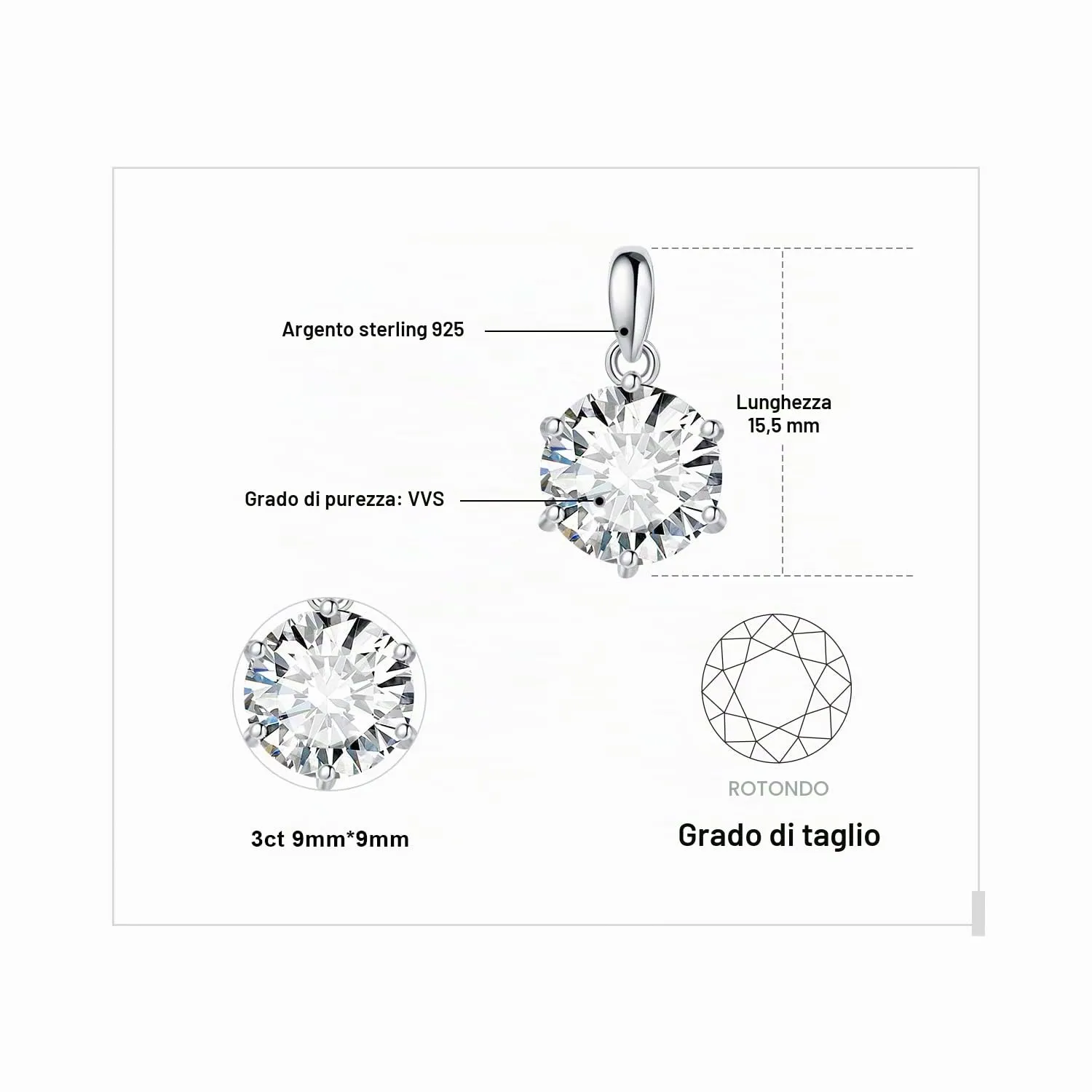 JewelryPalace 3ct Collana Solitario Donna Argento 925 con Creato Moissanite, Collana Ciondolo Pietra a Taglio Rotondo con Catena Veneziana 45cm, Collane Pendenti Lunghe Matrimonio Set Gioielli Donna - immagine 2