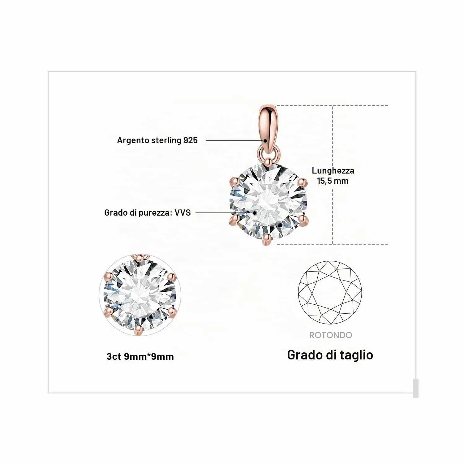 JewelryPalace 3ct Collana Solitario Donna Argento 925 con Creato Moissanite, Collana Ciondolo Pietra a Taglio Rotondo con Catena Maglia 45cm, Collane Pendenti in Oro Rosa Set Gioielli Donna - immagine 2