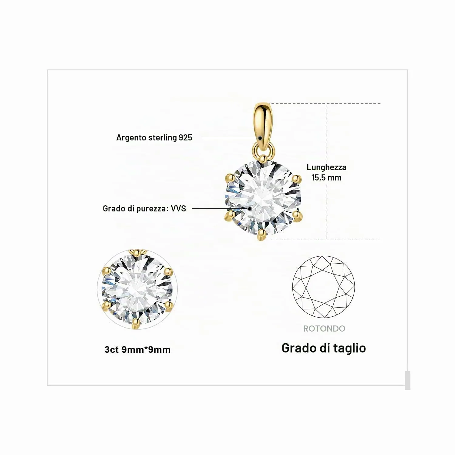 JewelryPalace 3ct Collana Solitario Donna Argento 925 con Creato Moissanite, Collana Dorata Ciondolo Pietra a Taglio Rotondo con Catena Maglia 45cm, Collane Pendenti in Oro Set Gioielli Donna - immagine 2