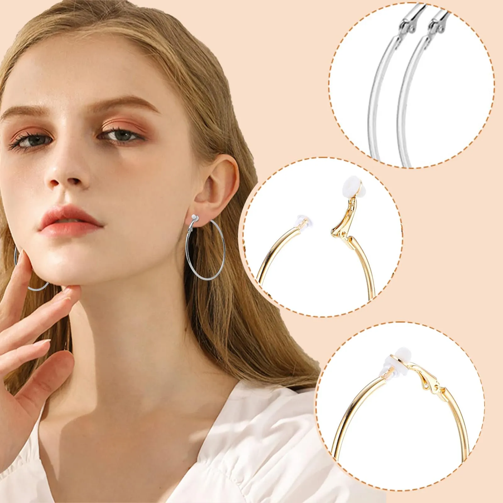 4 paia di orecchini a cerchio rotondi da donna, con clip, 30 mm, 40 mm, 50 mm, 60 mm, zinco - immagine 3