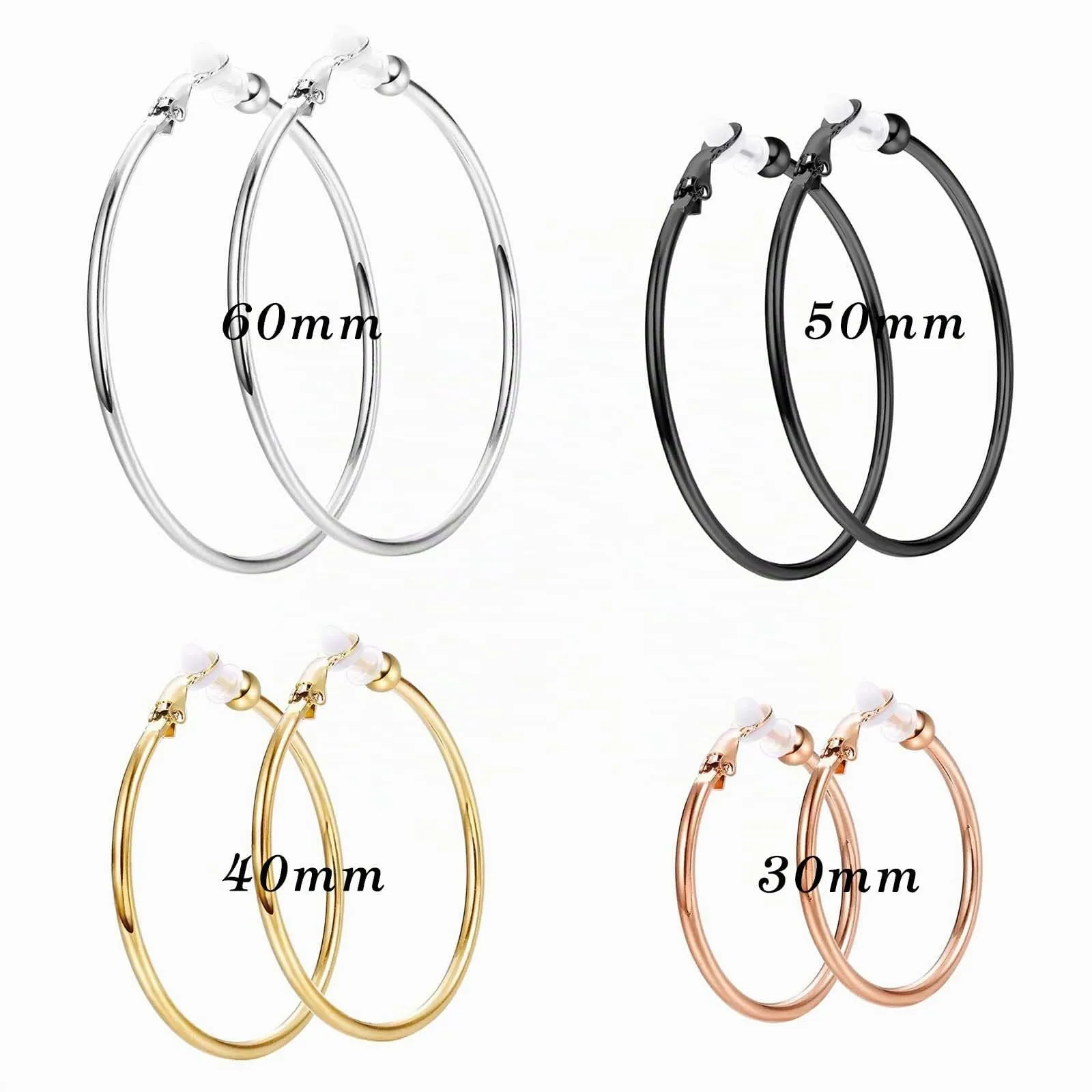 4 paia di orecchini a cerchio rotondi da donna, con clip, 30 mm, 40 mm, 50 mm, 60 mm, zinco - immagine 4