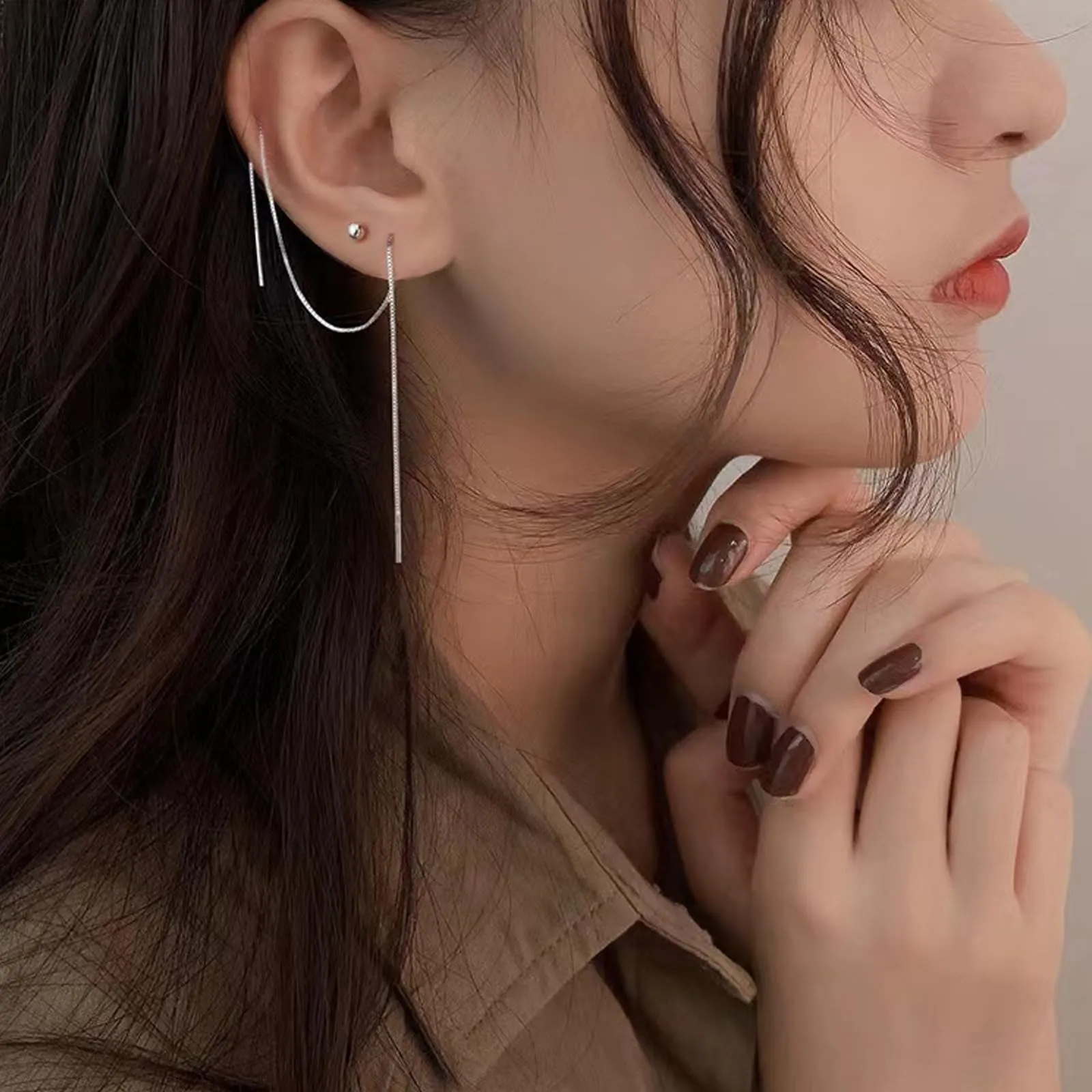 1 paia di Orecchini a catena per donne in 925 argento Semplice Orecchini Pendenti Set Goccia Orecchini a Catena con Nappa Gioielli di Moda Regali di San Valentino - immagine 6