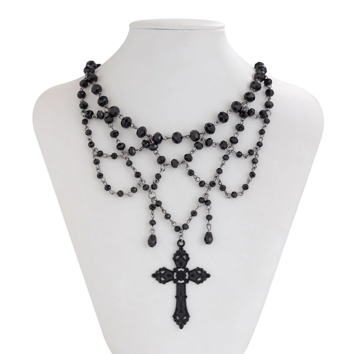 Wedity Stile Gotico Dark Cross Collana Punk Beaded Tassel Choker Collana Black Tassel Collane Gioielli di Halloween per le Donne (Nero B) - immagine 5