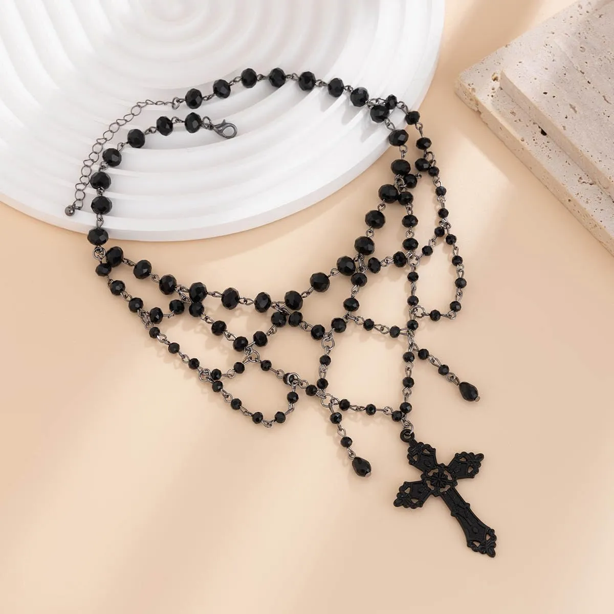 Wedity Stile Gotico Dark Cross Collana Punk Beaded Tassel Choker Collana Black Tassel Collane Gioielli di Halloween per le Donne (Nero B) - immagine 7