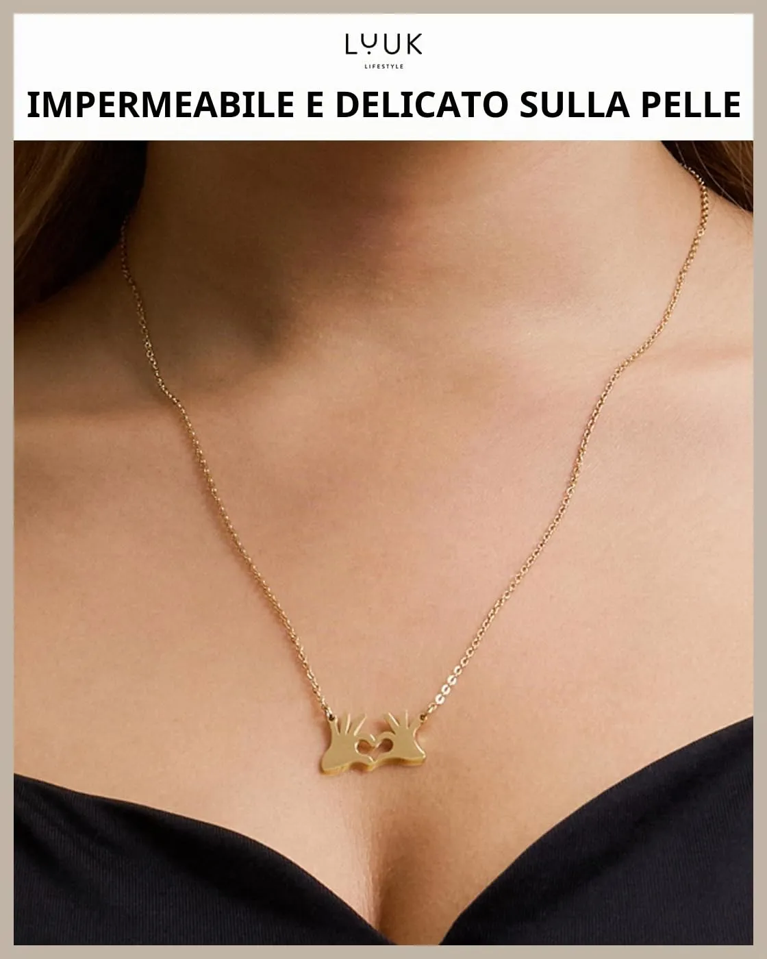 LUUK LIFESTYLE Collana Acciaio Inox con Ciondolo Mani a Cuore, Oro, 50cm - immagine 2