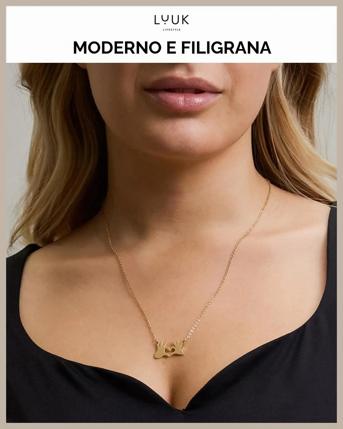 LUUK LIFESTYLE Collana Acciaio Inox con Ciondolo Mani a Cuore, Oro, 50cm - immagine 3