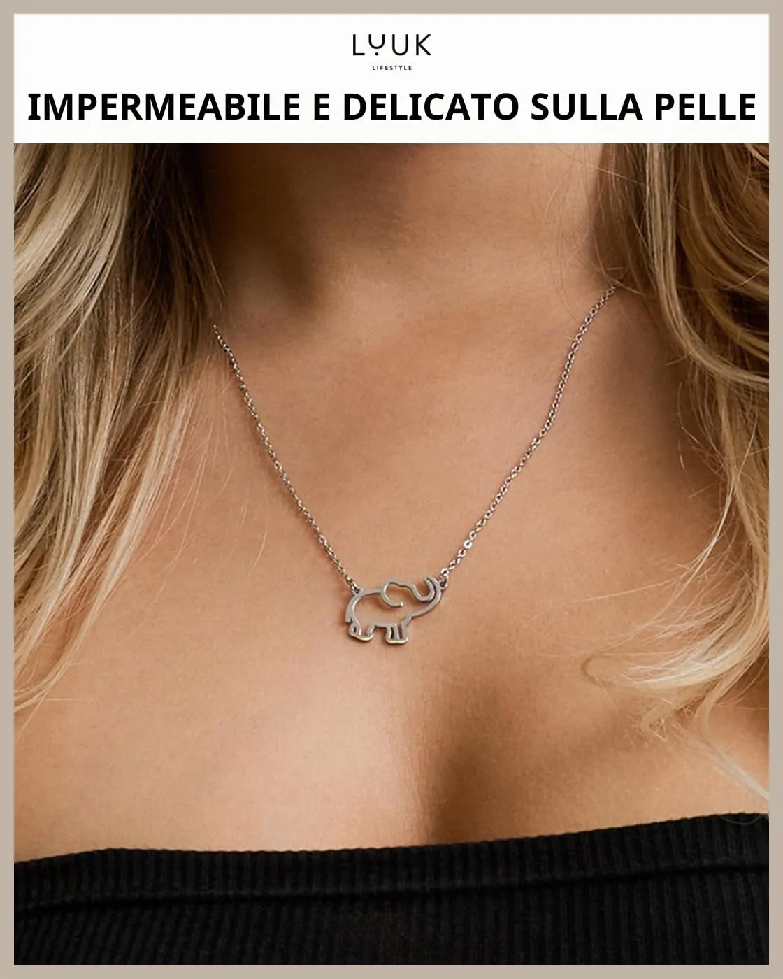 LUUK LIFESTYLE Collana Acciaio Inox con Ciondolo Elefante, Argento, 50cm - immagine 2
