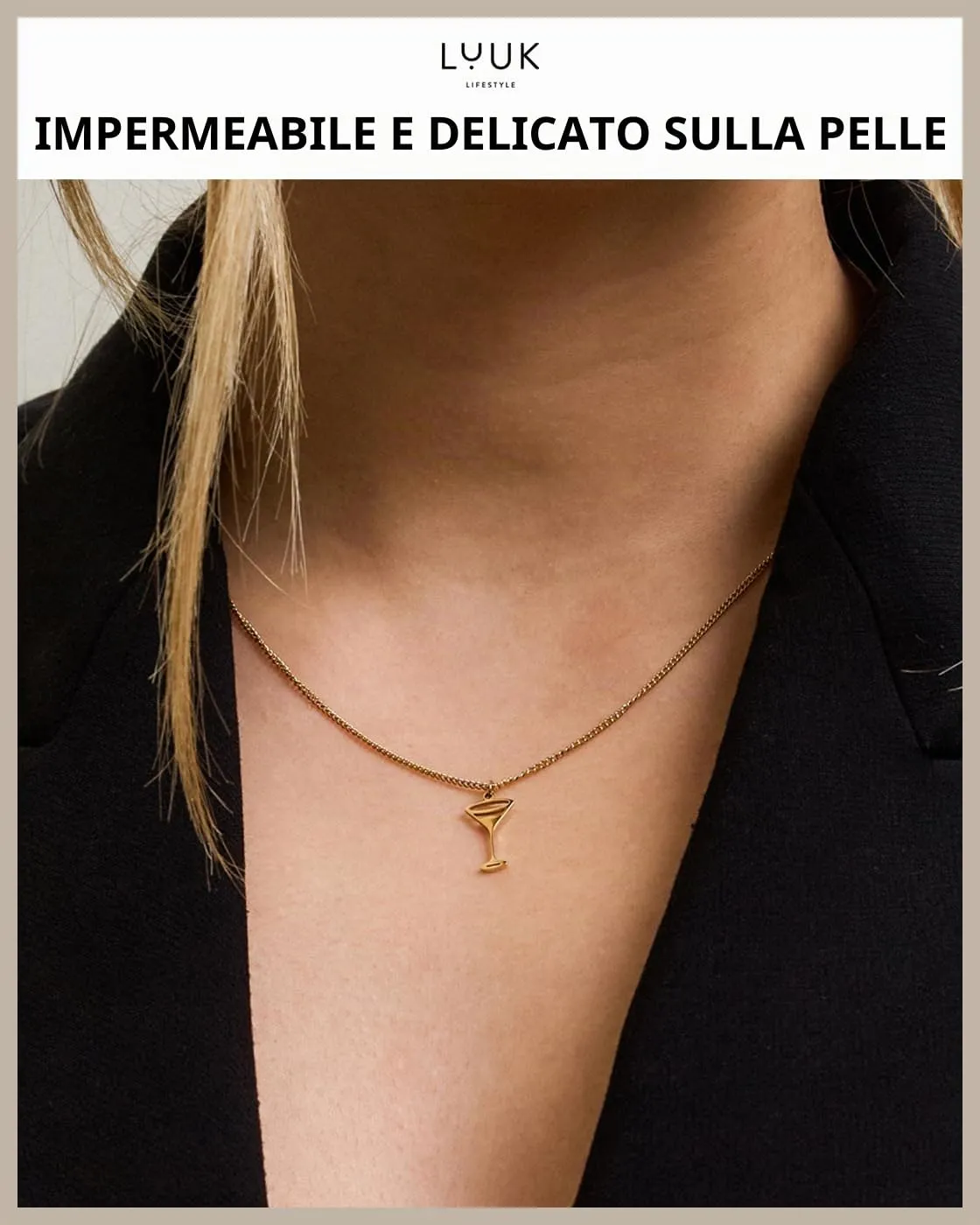 LUUK LIFESTYLE Collana Acciaio Inox con Ciondolo Coppetta, Oro, 50cm - immagine 2