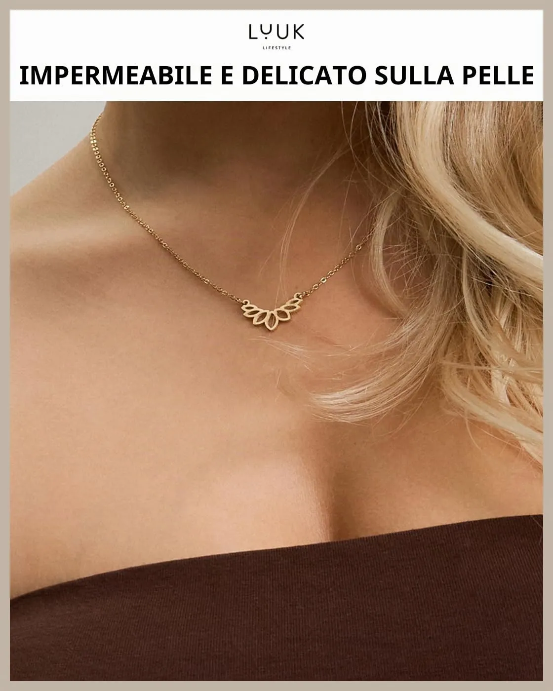 LUUK LIFESTYLE Collana Acciaio Inox con Ciondolo Fiore di Loto, Oro, 50cm - immagine 2