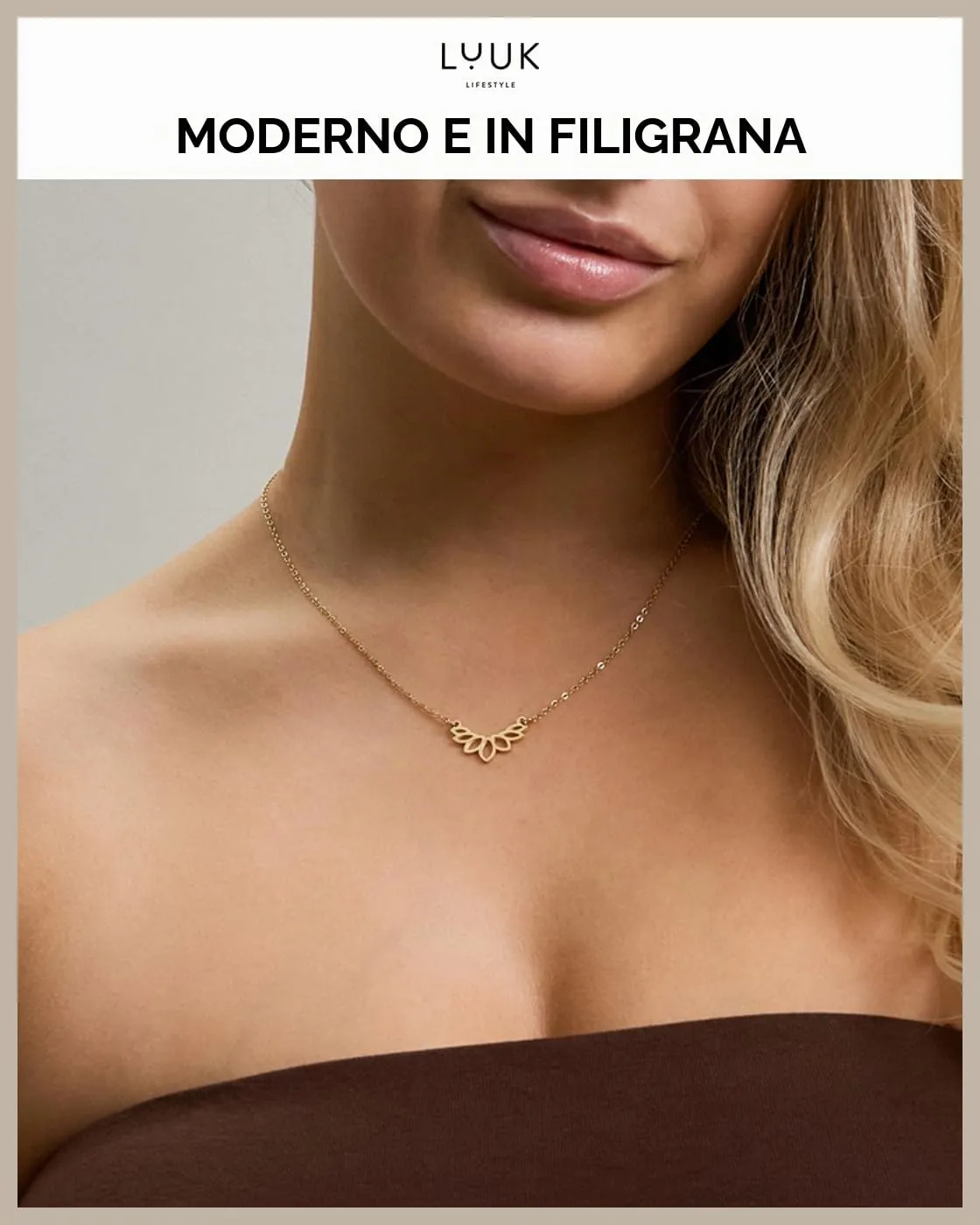 LUUK LIFESTYLE Collana Acciaio Inox con Ciondolo Fiore di Loto, Oro, 50cm - immagine 3
