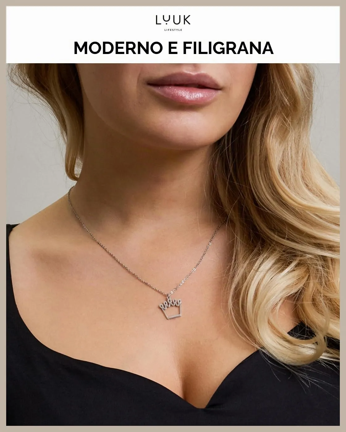 LUUK LIFESTYLE Collana Acciaio Inox con Ciondolo Corona, Oro, 50cm - immagine 3
